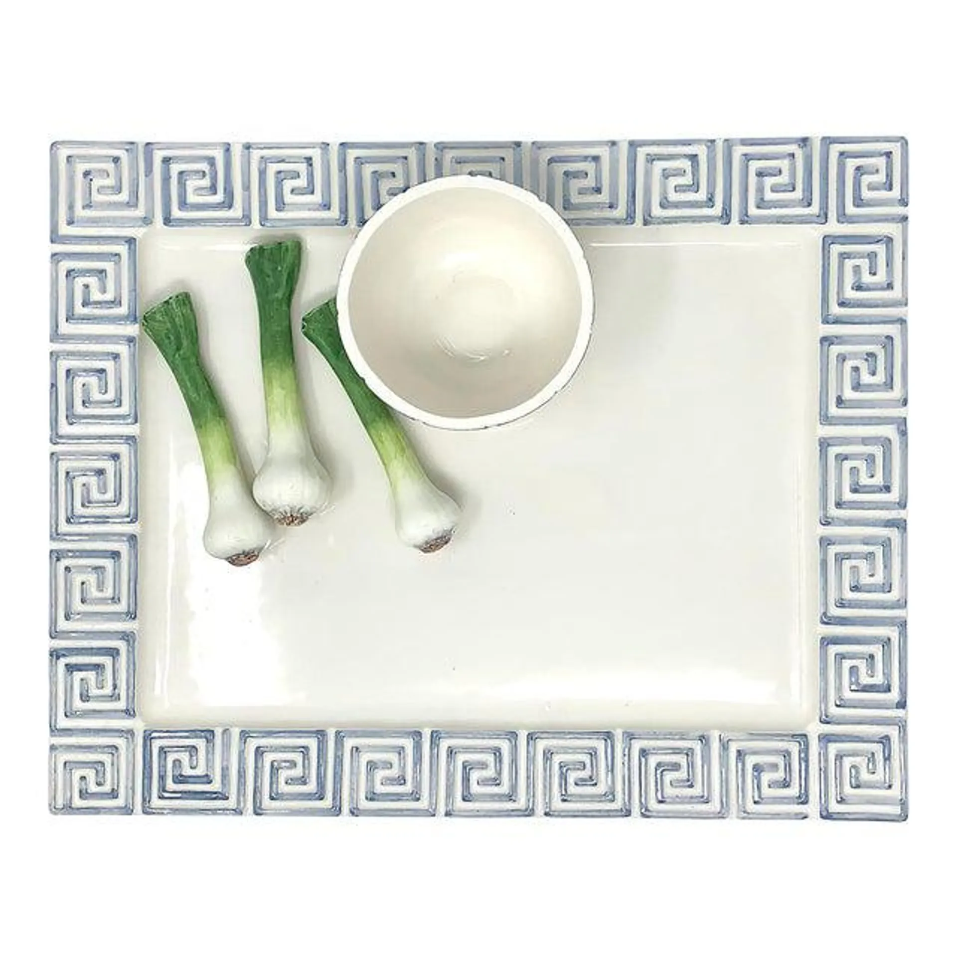 Contemporary Italian Ceramic Greek Key Border Platter With Majolica Scallions