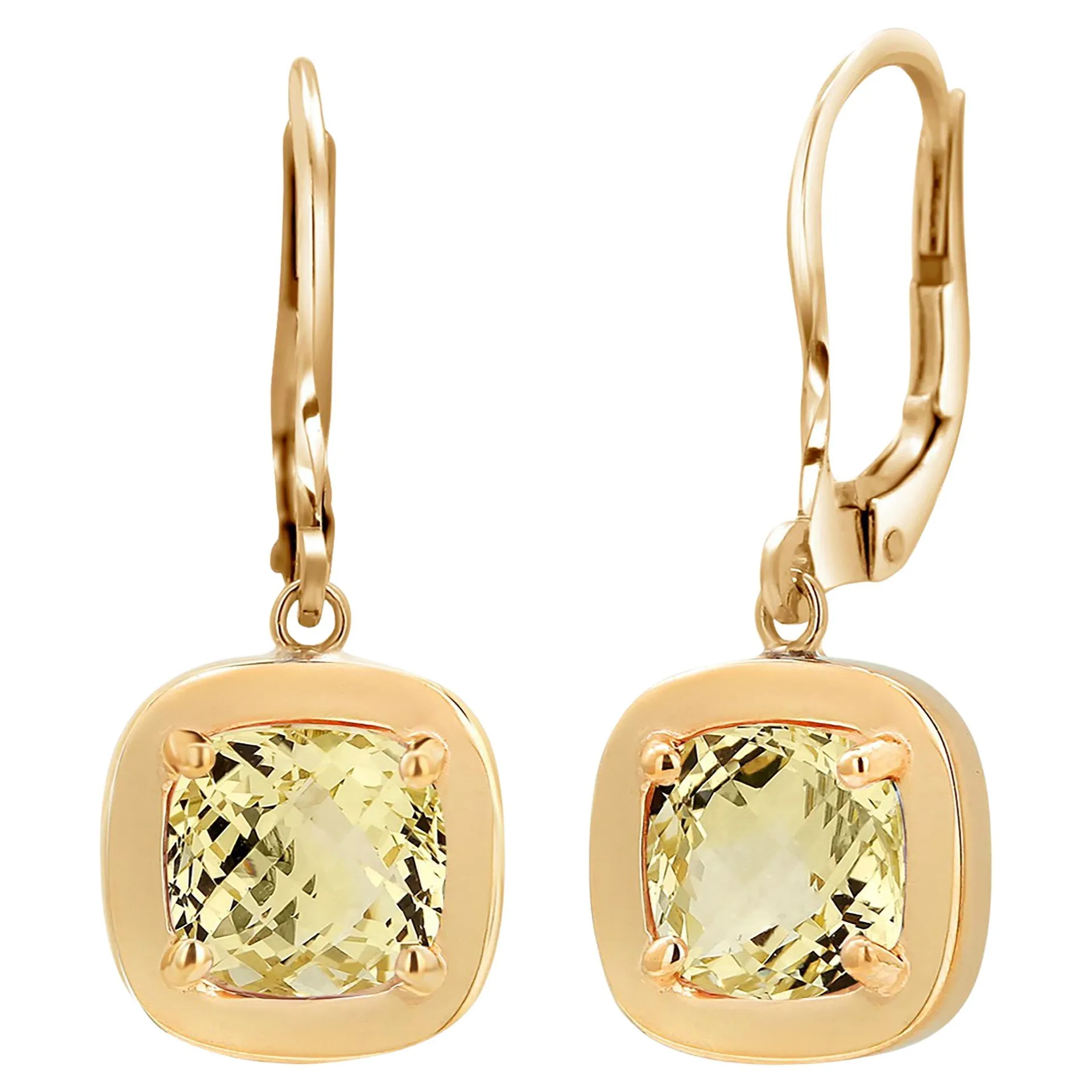 Cushion Yellow Beryl 5.80 Carat Bezel Yellow Gold 1.15 Inch Leverback Earrings