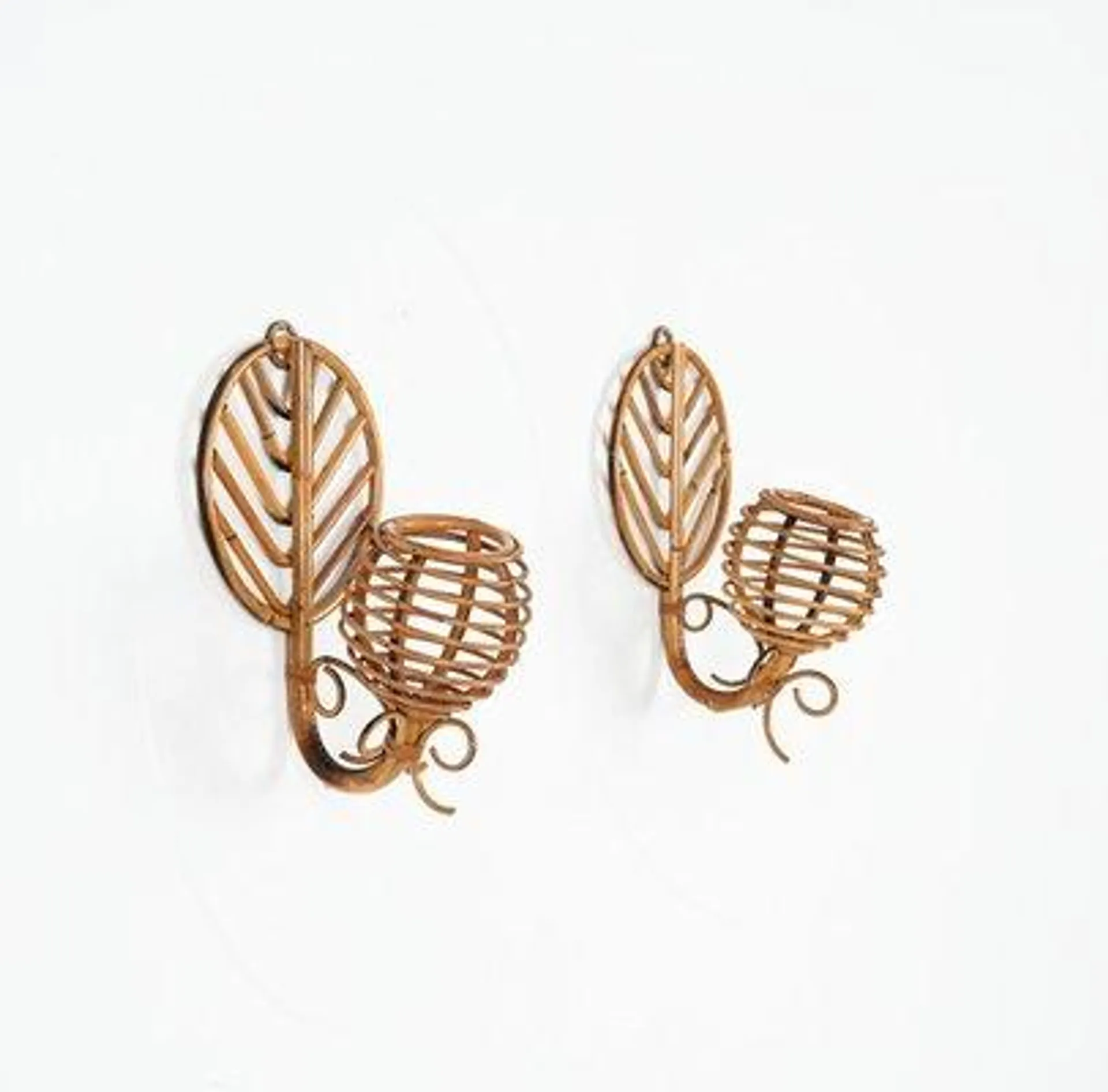 French Riviera Lantern Sconces in Rattan by Louis Sognot, France, 1960s, Set of 2