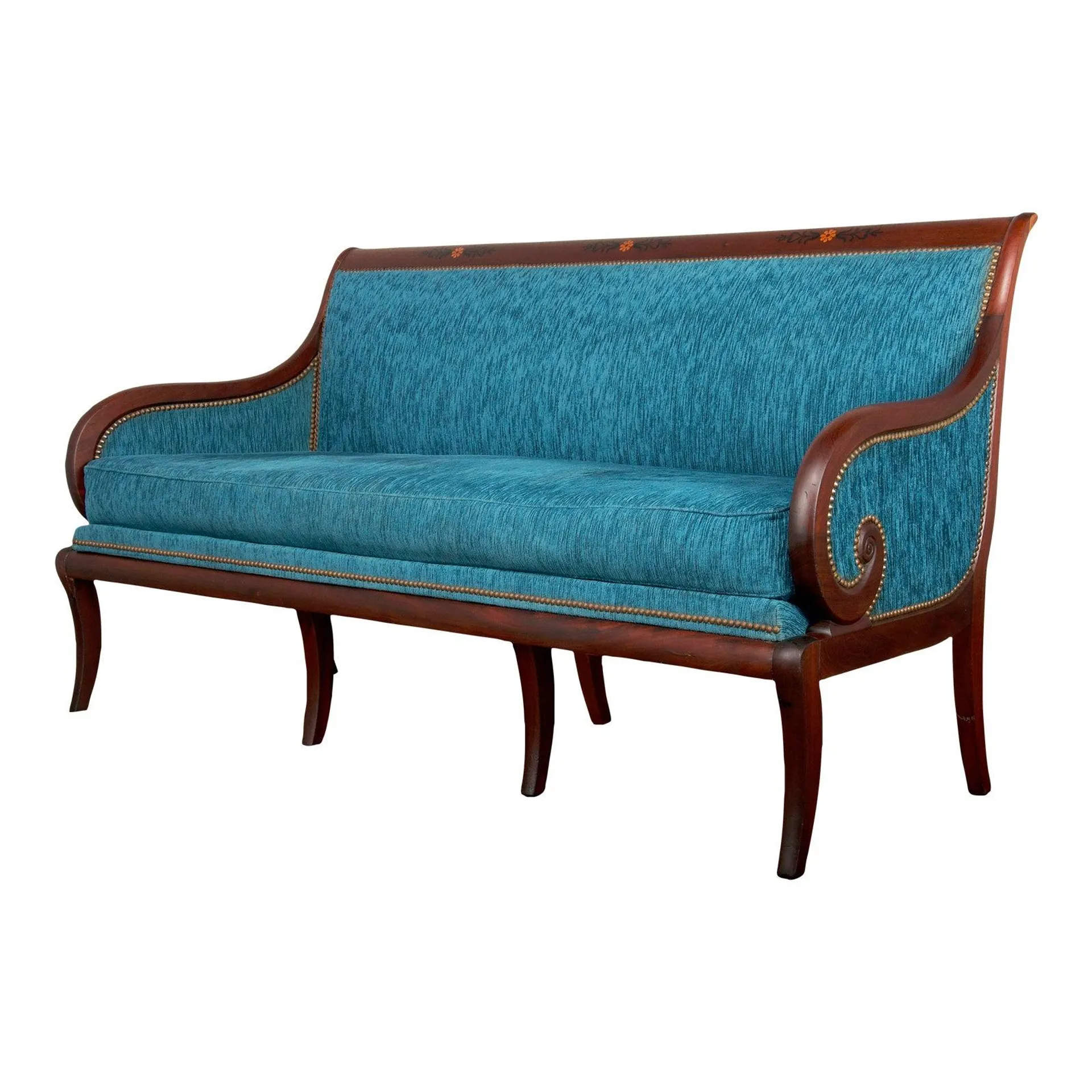 Antique French Empire Style Mahogany Settee W/ Blue Upholstery