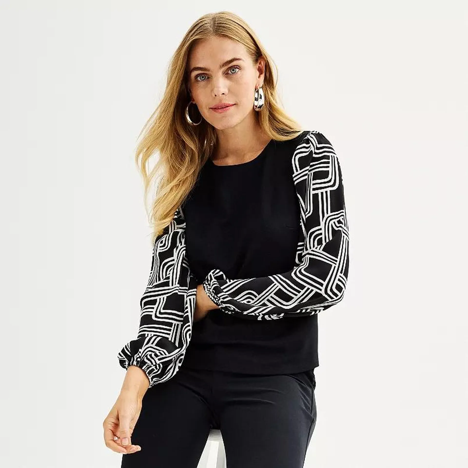 Women's Nine West Puff-Sleeve Mixed Media Top