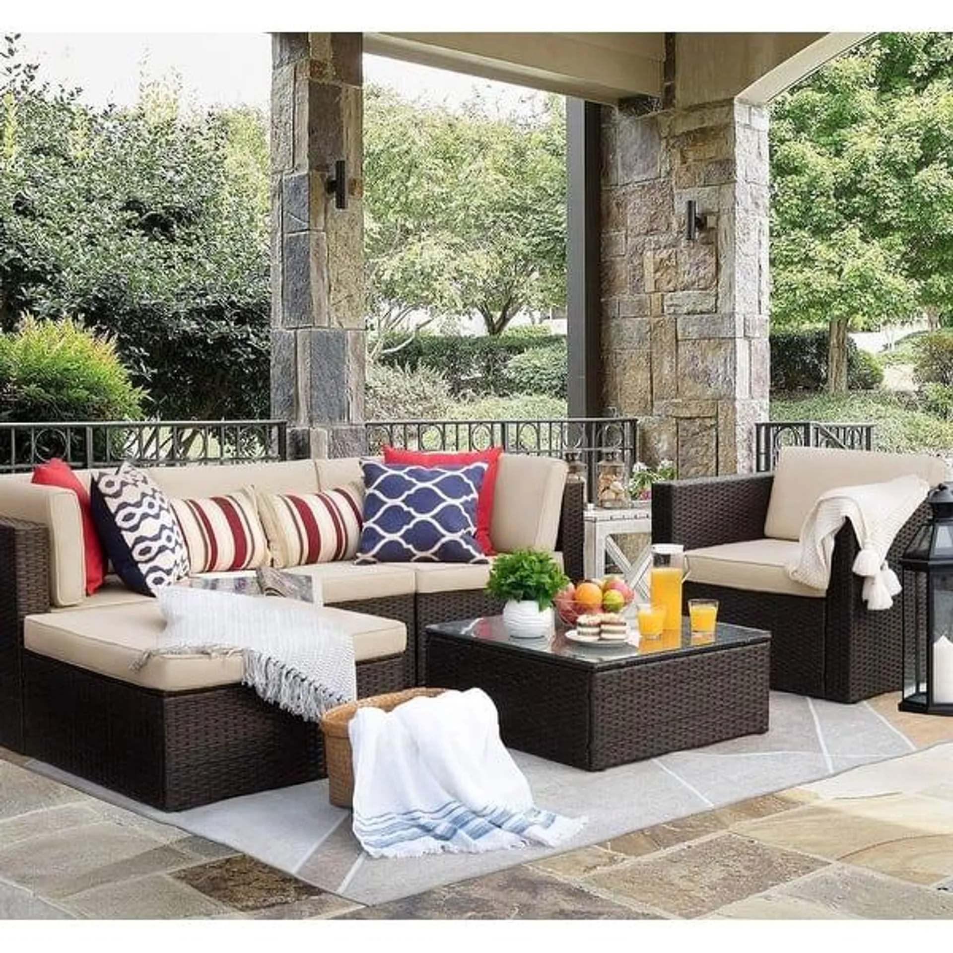 6-piece Cushioned Faux Rattan Patio Sectional Sofa Conversation Set