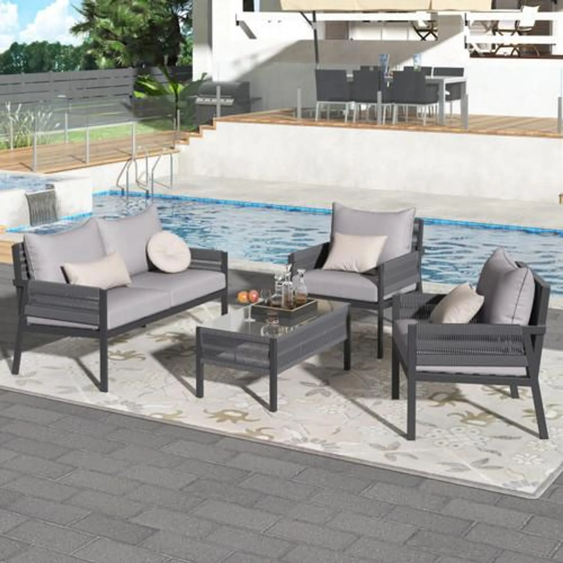 Outdoor 4-Piece Rope Patio Set in Gray