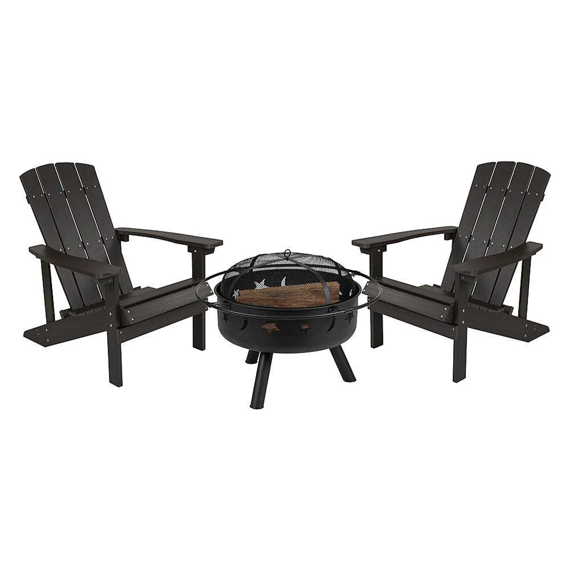 Charlestown Star & Moon Fire Pit with Mesh Cover & 2 Slate Gray Poly Resin Adirondack Chairs - Slate Gray