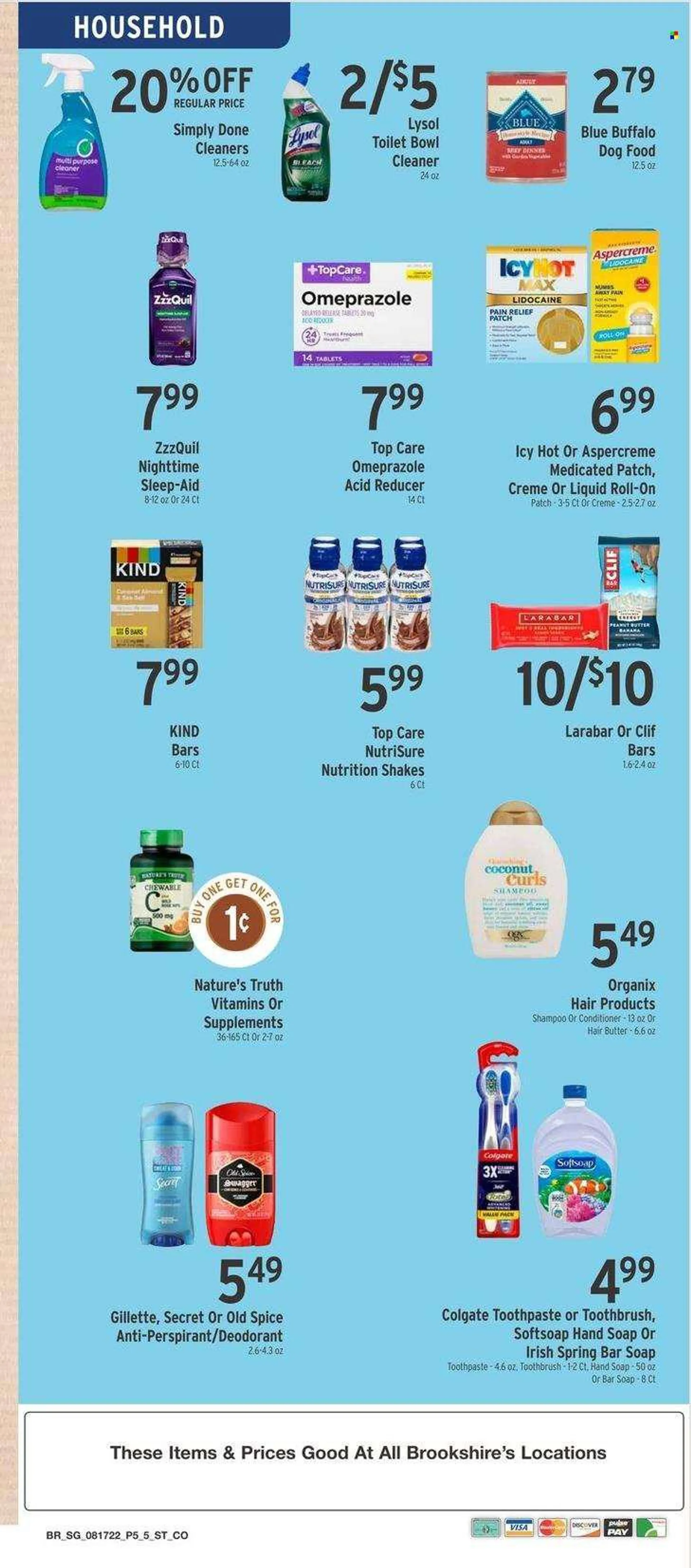 Brookshires Flyer - 08/17/2022 - 08/23/2022 - Sales products - shakes, spice, peanut butter, cleaner, bleach, Lizol, toilet bowl, shampoo, Softsoap, hand soap, Old Spice, soap bar, soap, Colgate, toothbrush, toothpaste, Crest, conditioner, anti-perspirant