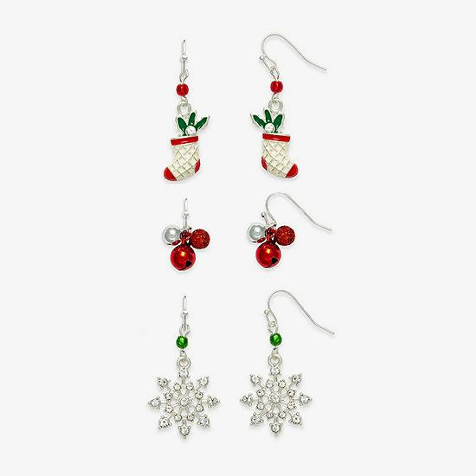 Mixit Silver Tone Stocking, Snowflake & Bell 3 Pair Cubic Zirconia Earring Set