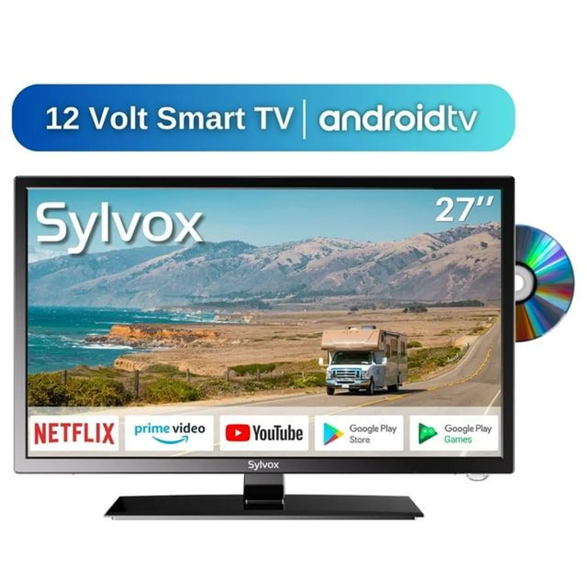 SYLVOX Smart RV TV, 27 inch TV with Built-in DVD Player, 12 Volt TV for RV Camper, 1080P FHD Android TV Free Download APPs, Support WiFi Bluetooth, 2 HDMI & 2 USB, AC/DC Powered (Trailer Series)