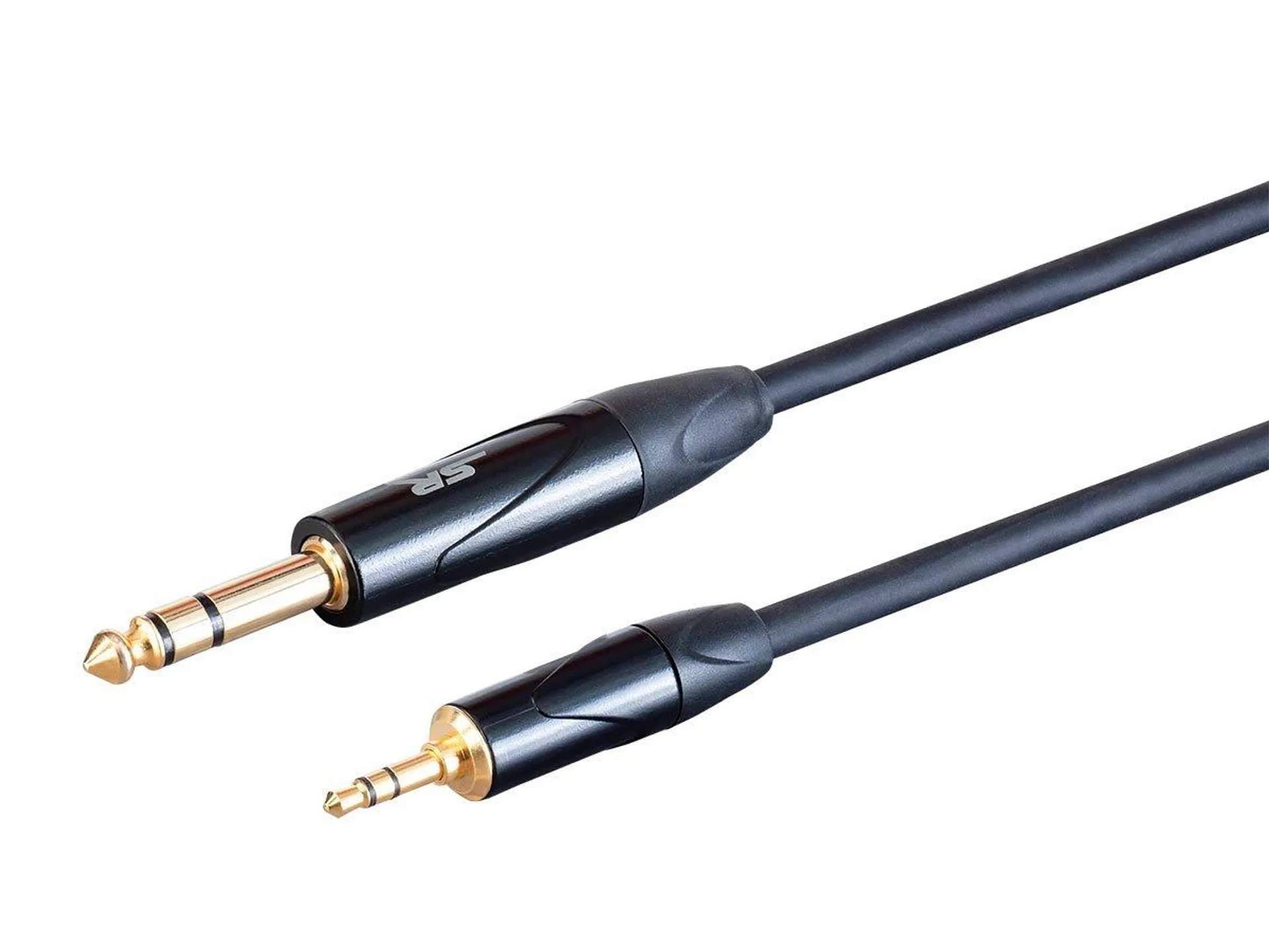 Stage Right by Monoprice On Tour Cables - 1/4in TRS Male Connector to 1/8in TRS Male Connector, 24AWG, Black, 6ft