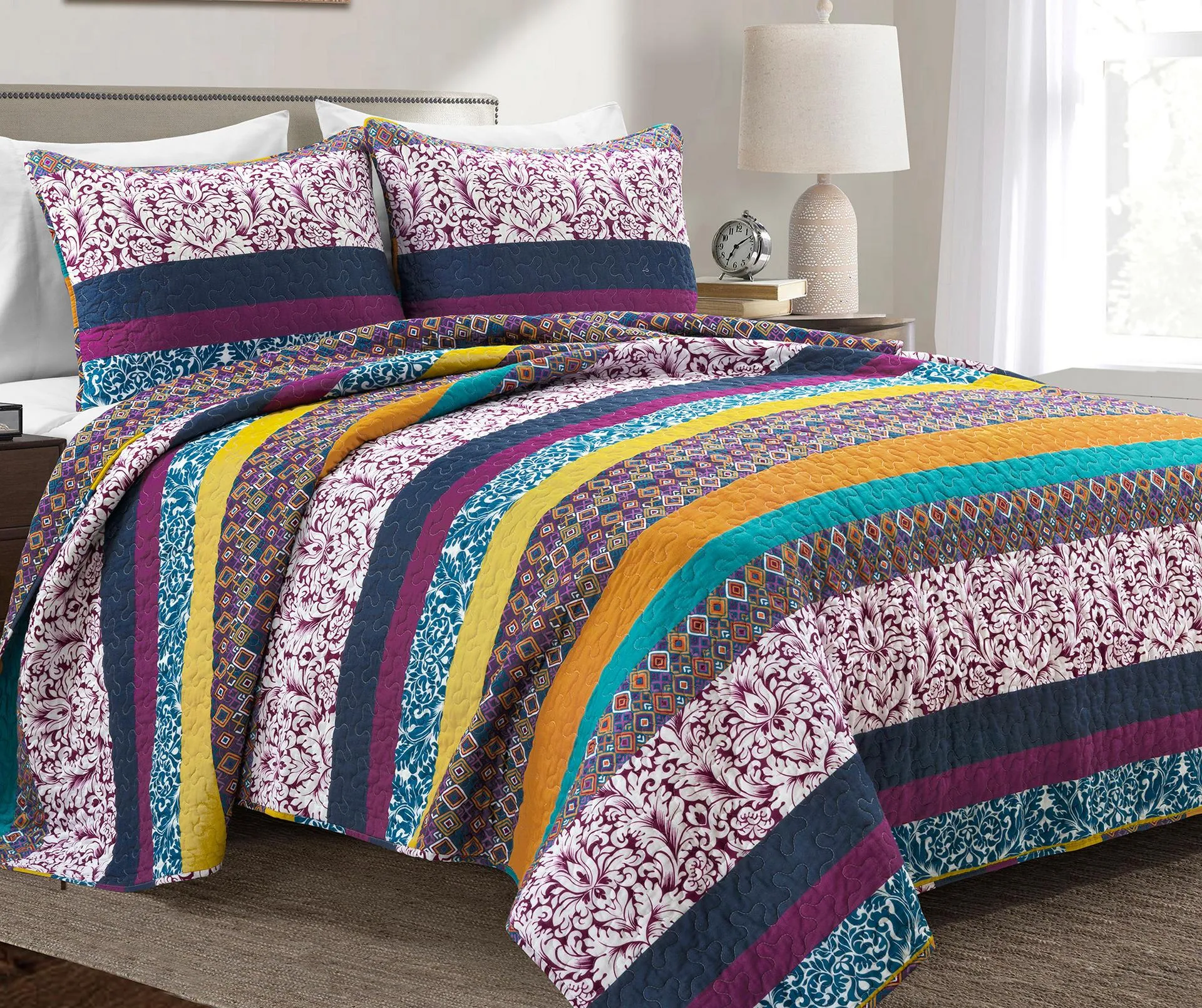 Plum & Yellow Bohemian Pattern Stripe Reversible Full/Queen 3-Piece Quilt Set