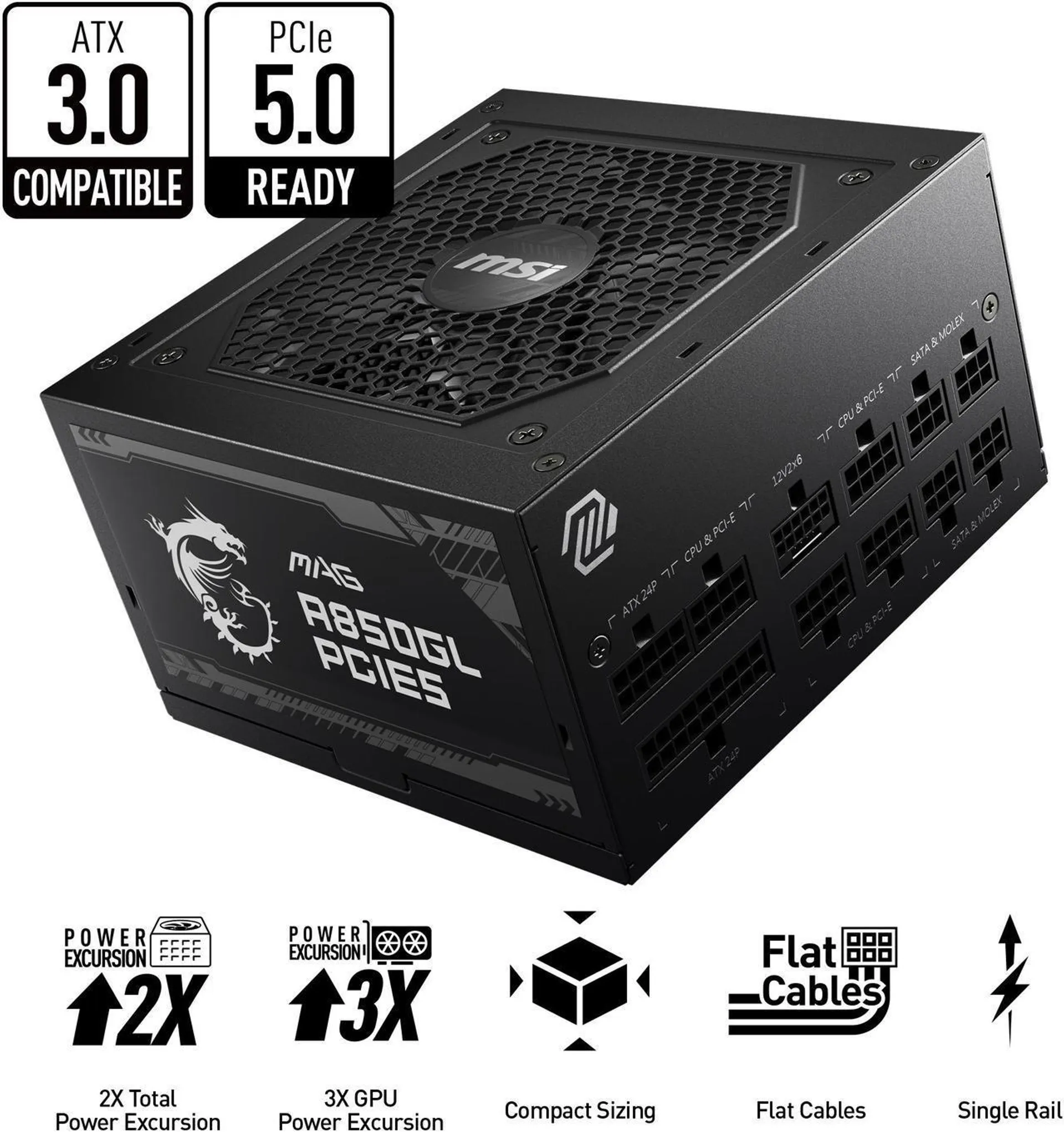 MSI - MAG A850GL PCIE 5.0, 80 GOLD Fully Modular Gaming PSU, 12VHPWR Cable, ATX 3.0 Compatible, 850W Power Supply, 10 Year Warranty