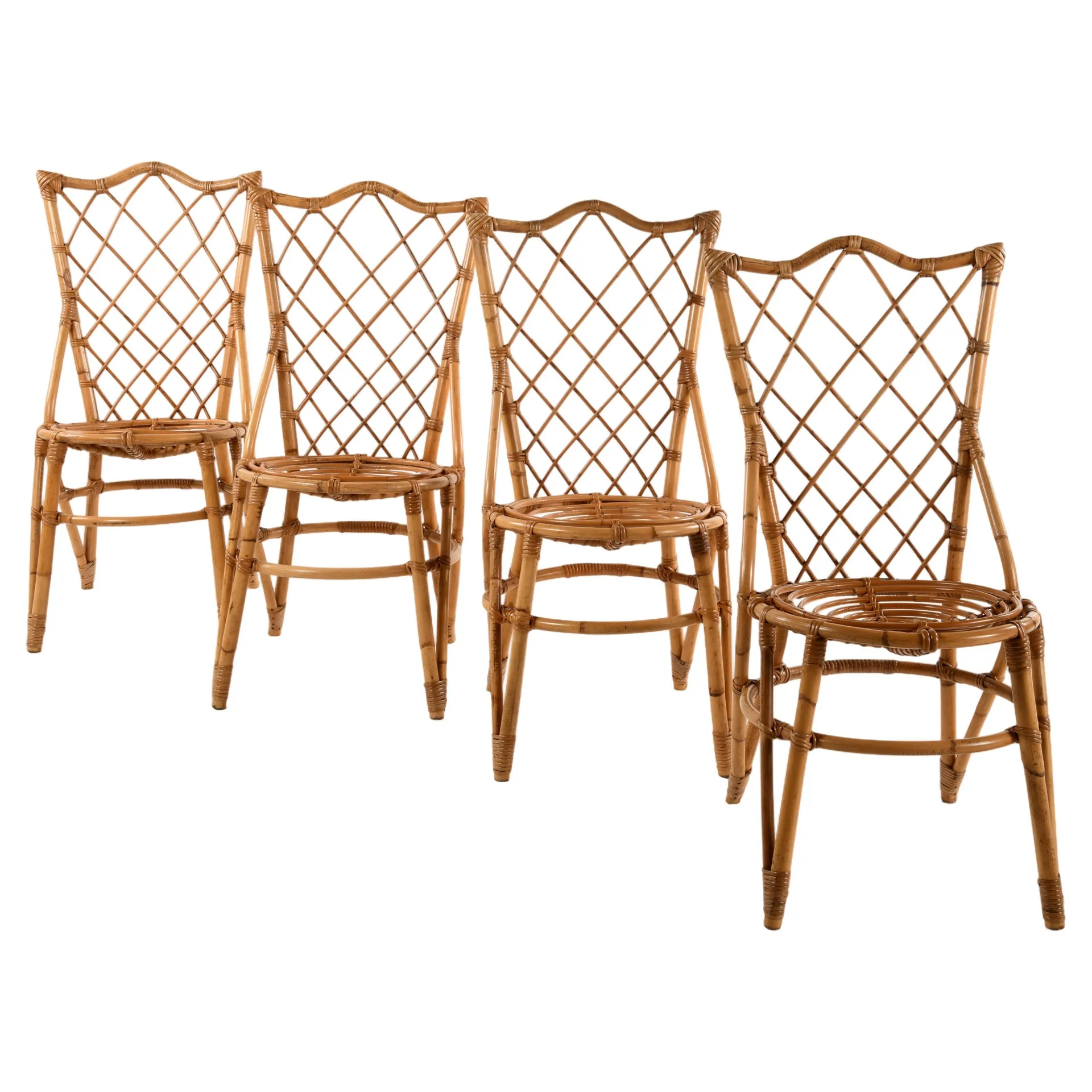 4 bamboo and rattan chairs Louis Sognot style from the French Riviera, 1960s