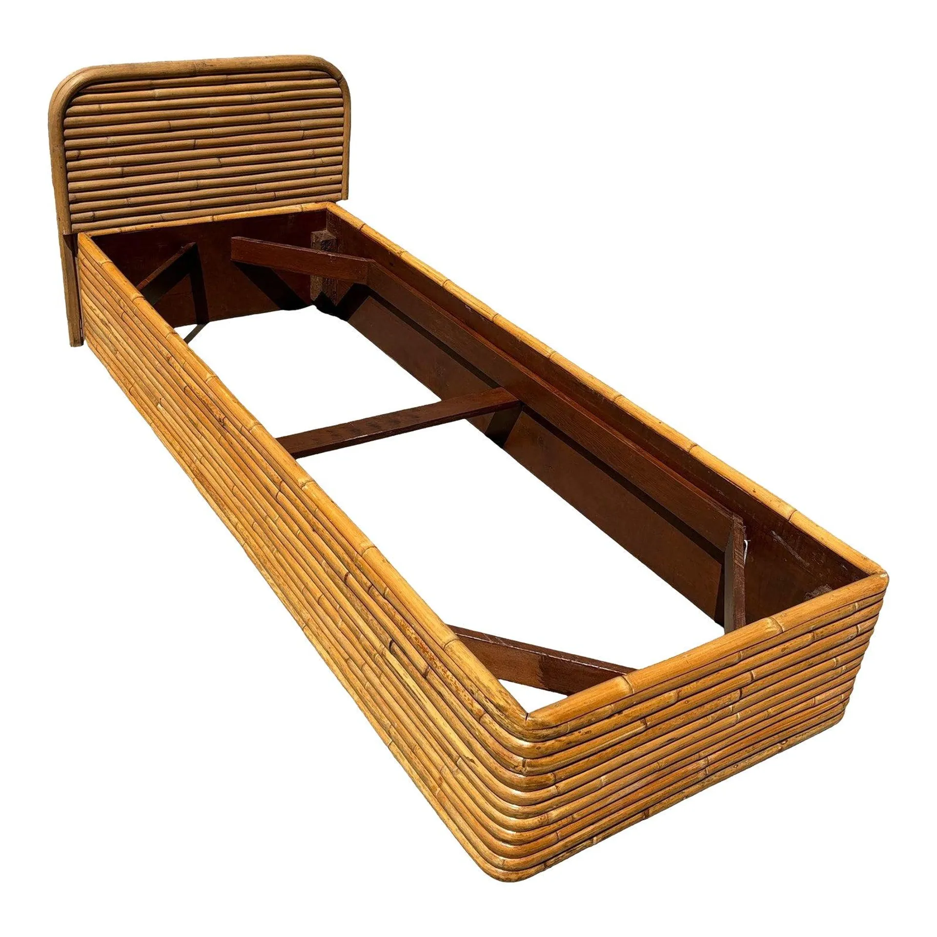 1940s Restored Paul Frankl Style Mid-Century Stacked Rattan Single Size Bed Frame