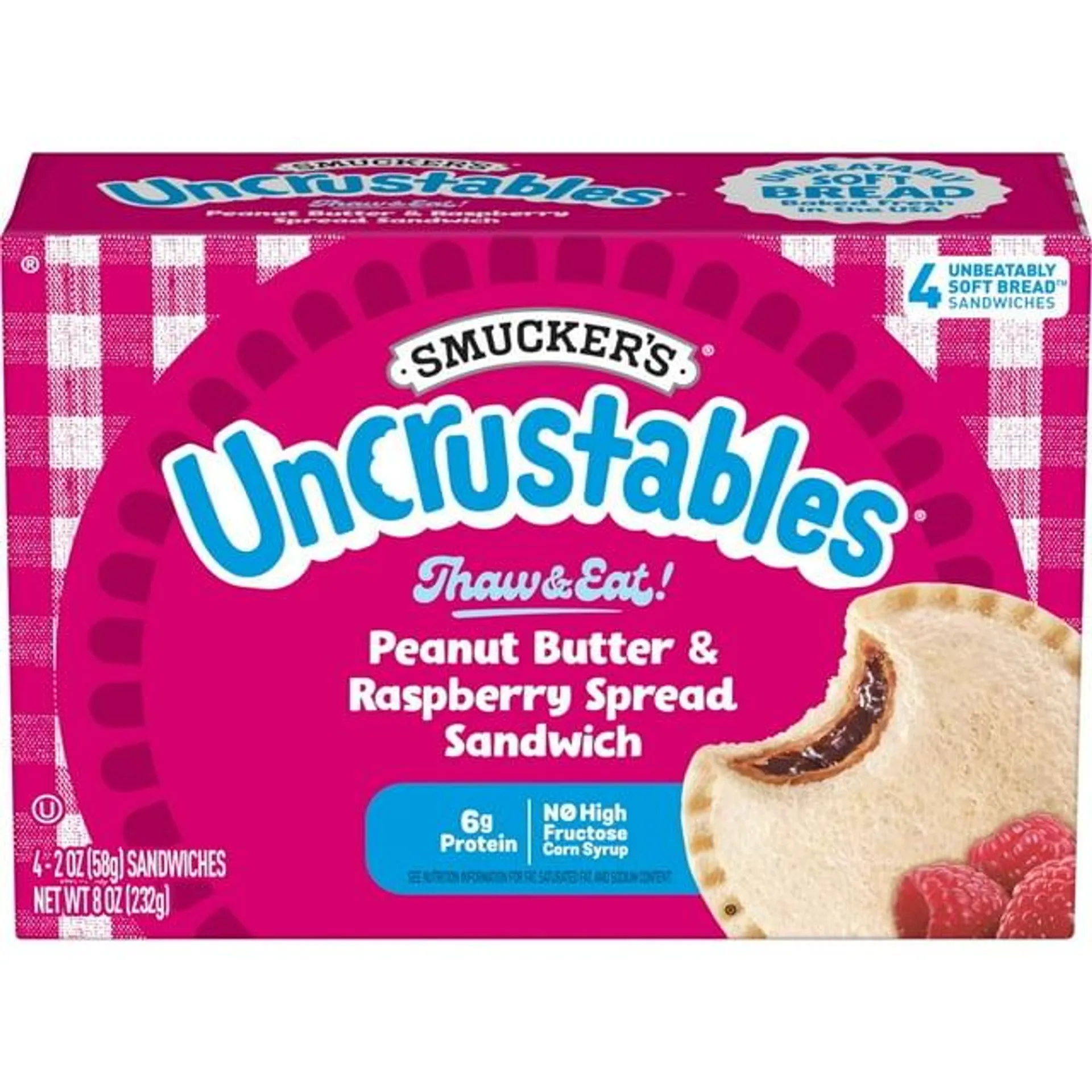 Smucker's Uncrustables Peanut Butter and Raspberry Sandwich, 2.0 oz, 4 count (Frozen)