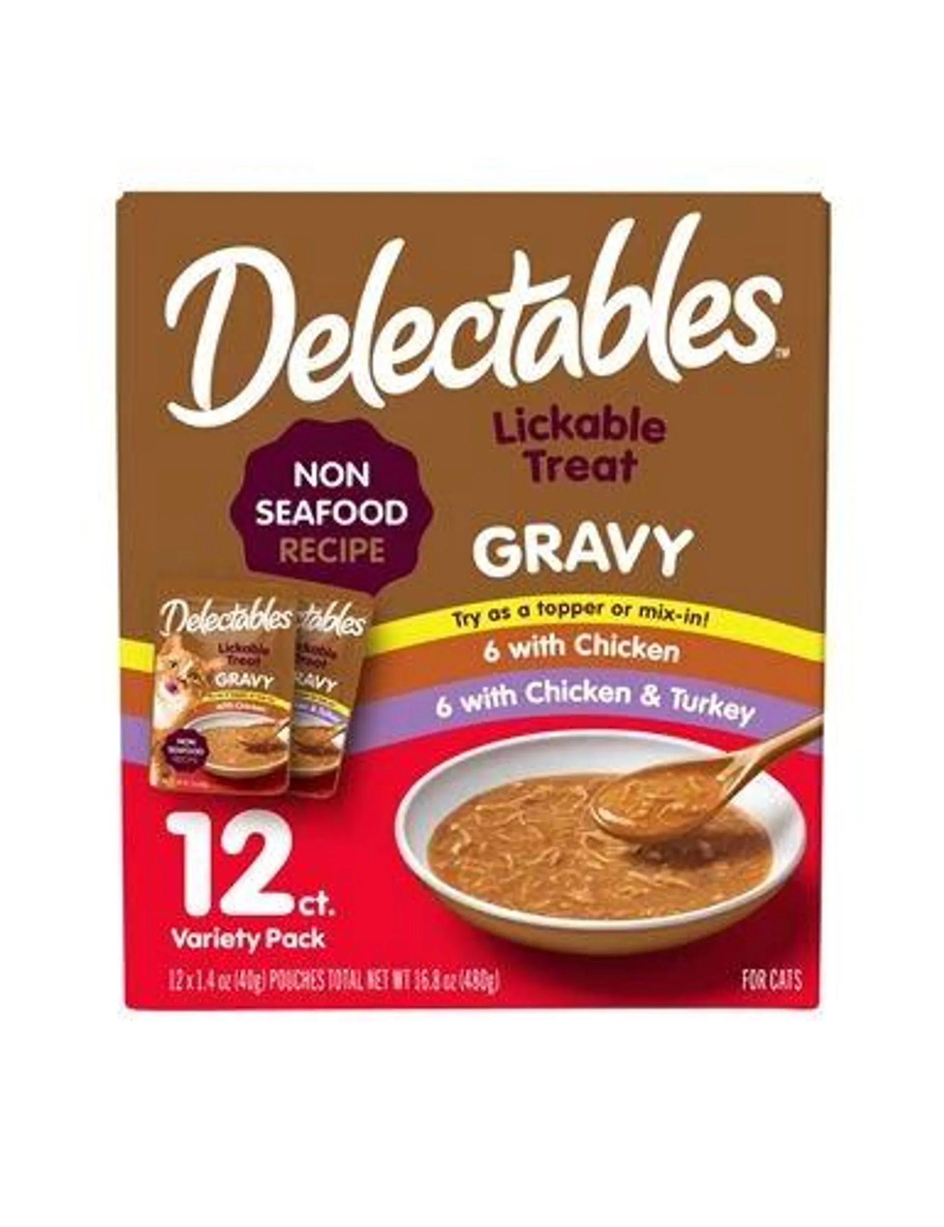 Hartz Delectables Gravy Lickable Cat Treats Variety Pack, Non Seafood, 1.4 Ounce Pouches, 12 Count