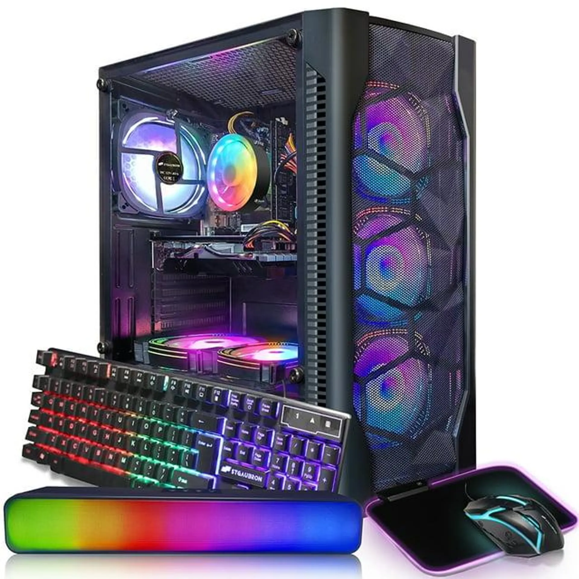 STGAubron Gaming Desktop PC, Intel Core I7 CPU, Radeon RX 580, 16G RAM, 512G SSD, WiFi, BT 5.0, RGB Mouse Pad & BT Sound Bar, Win 10 Home for Gamer, Streaming