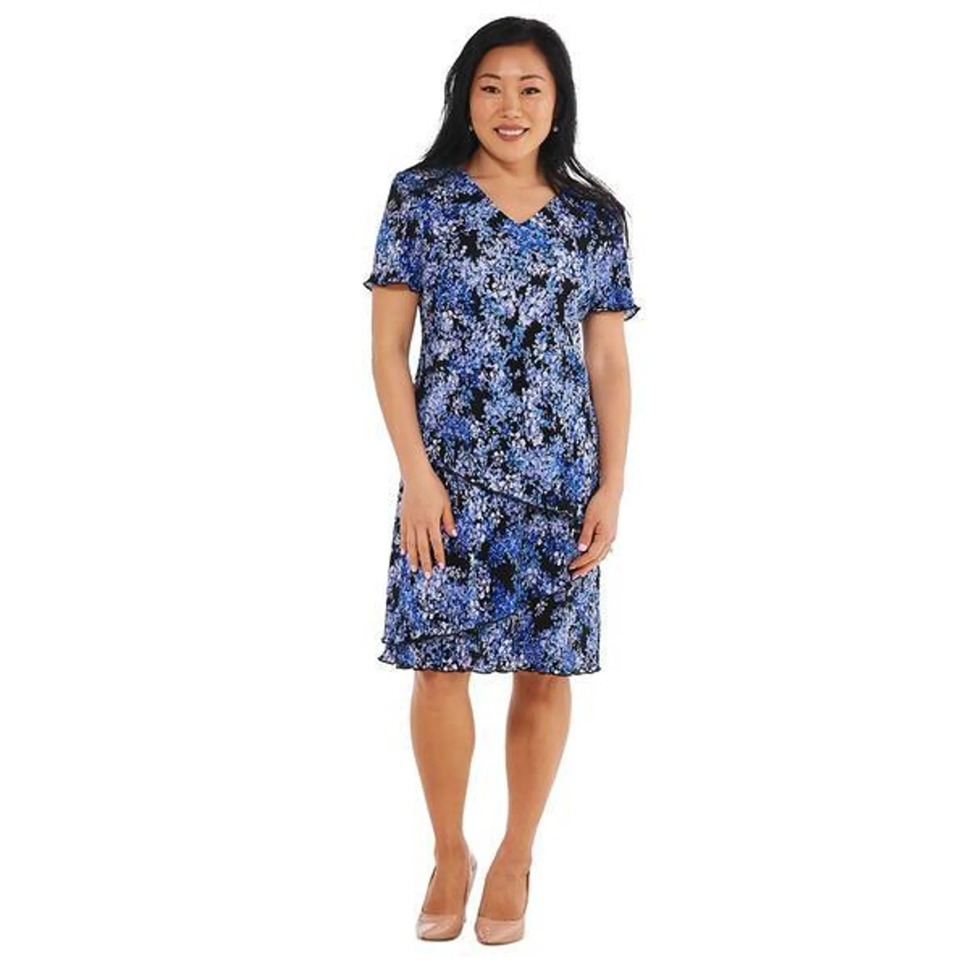 Petite Connected Apparel V-Neck Floral Bodre Shift Dress