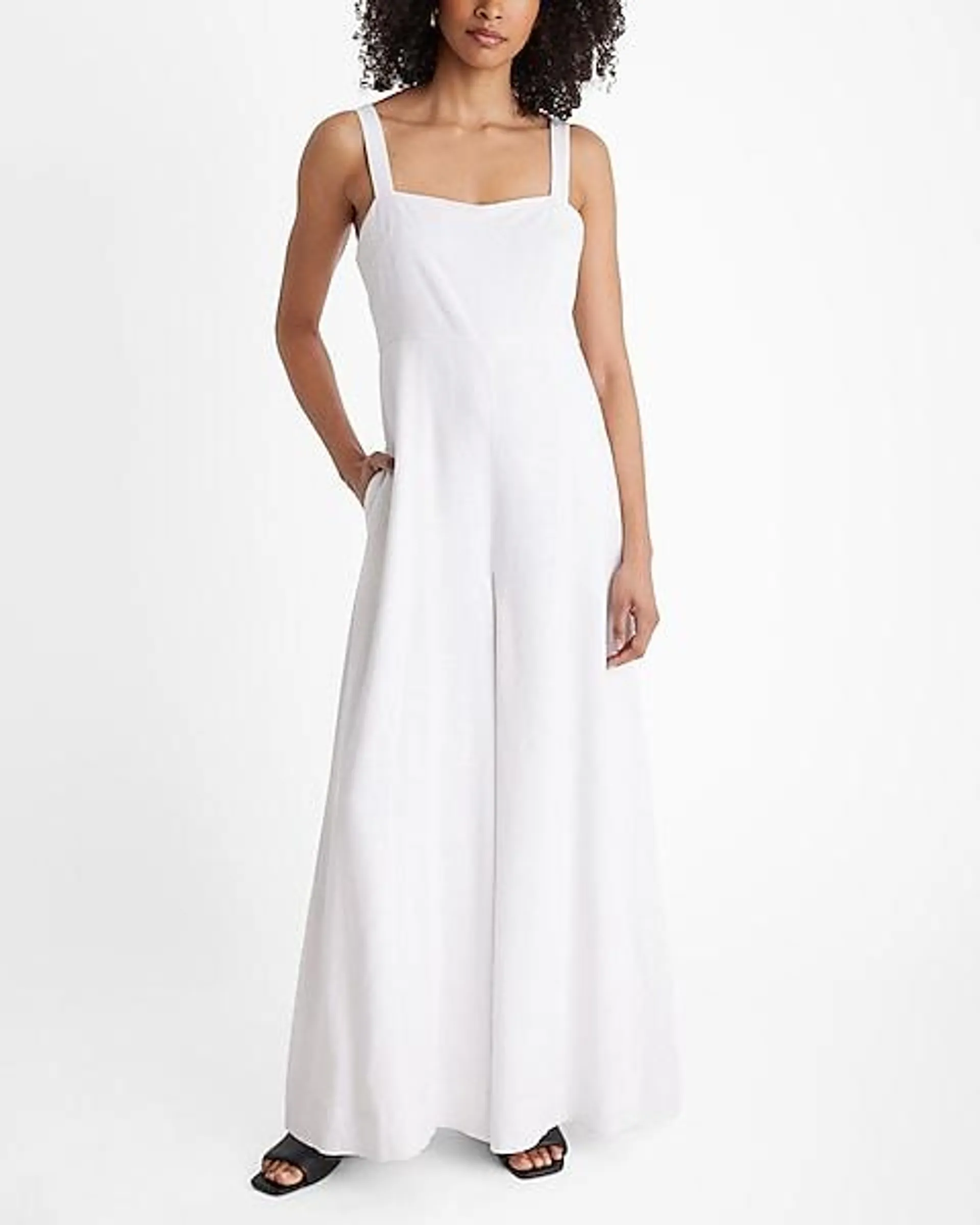 Linen-Blend Square Neck Sleeveless Wide Leg Jumpsuit