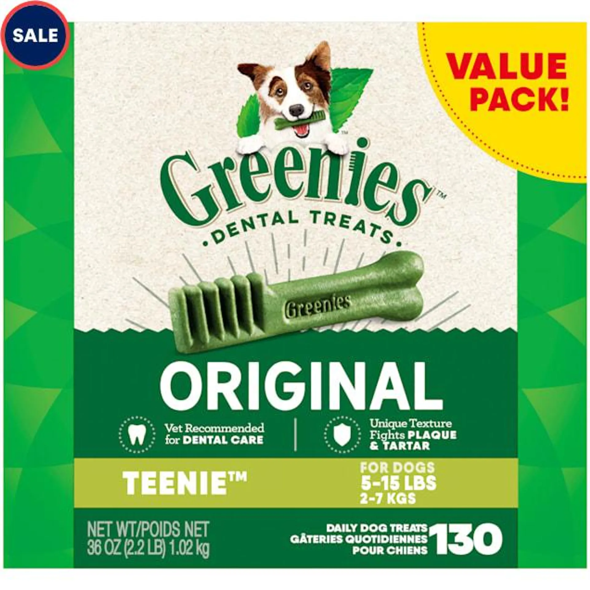 Greenies Original Teenie Natural Dog Dental Care Chews Oral Health Dog Treats, 36 oz., Count of 130