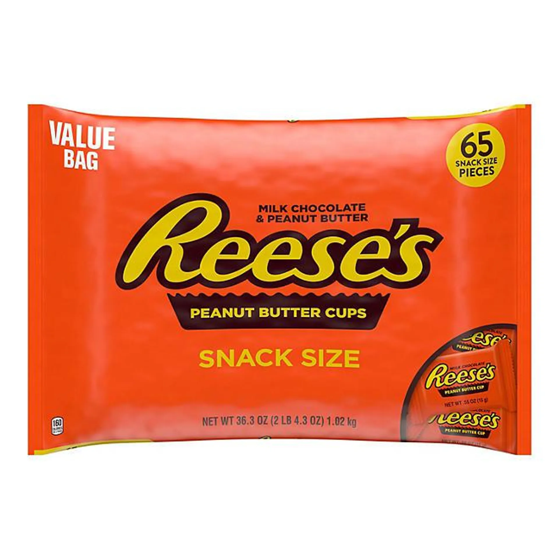 REESE'S Milk Chocolate Peanut Butter Snack Size Cups, Candy Value Bag (36.3 oz., 65 ct.)