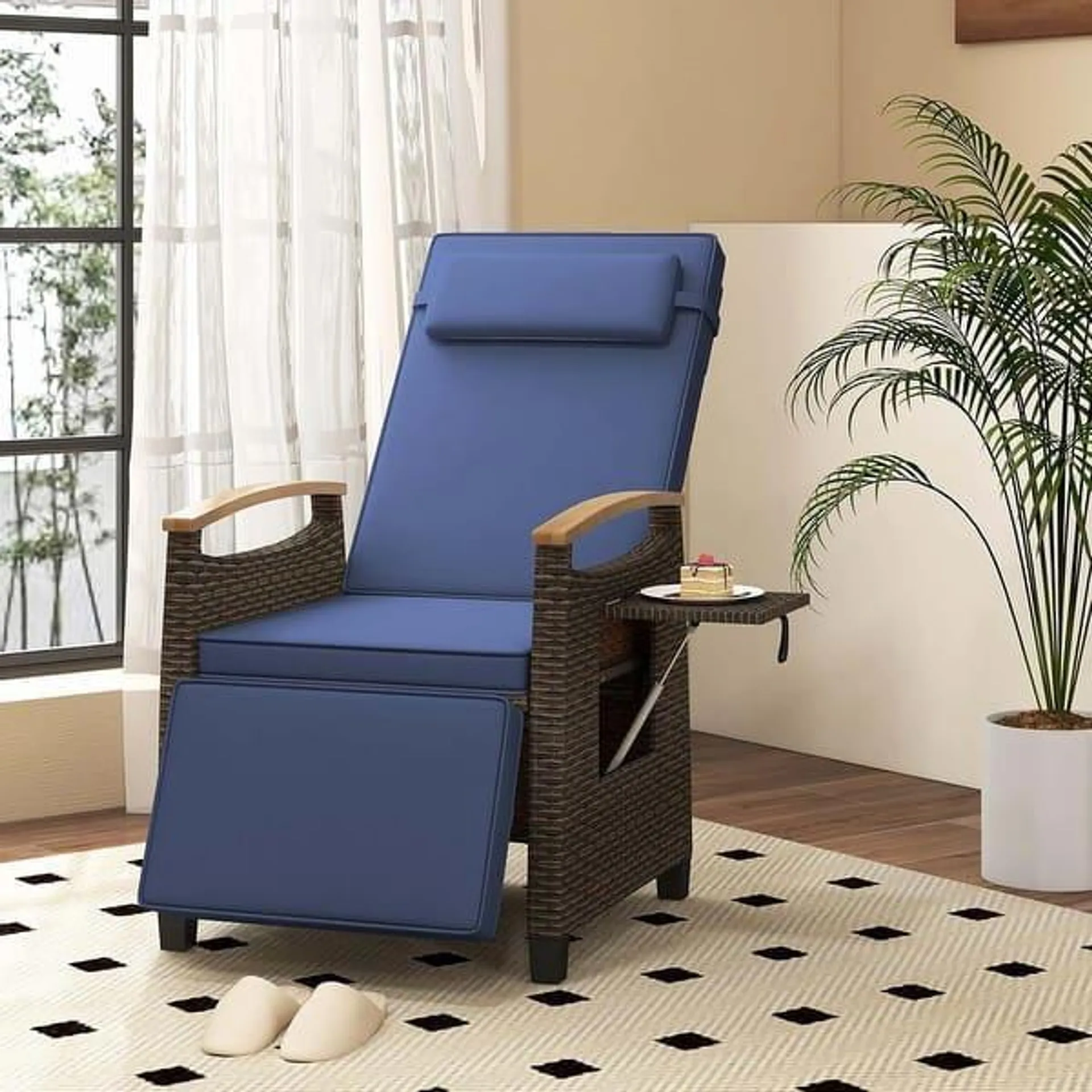 1/2PCS Patio Wicker Recliner Chair w/ Adjustable Backrest & Footrest