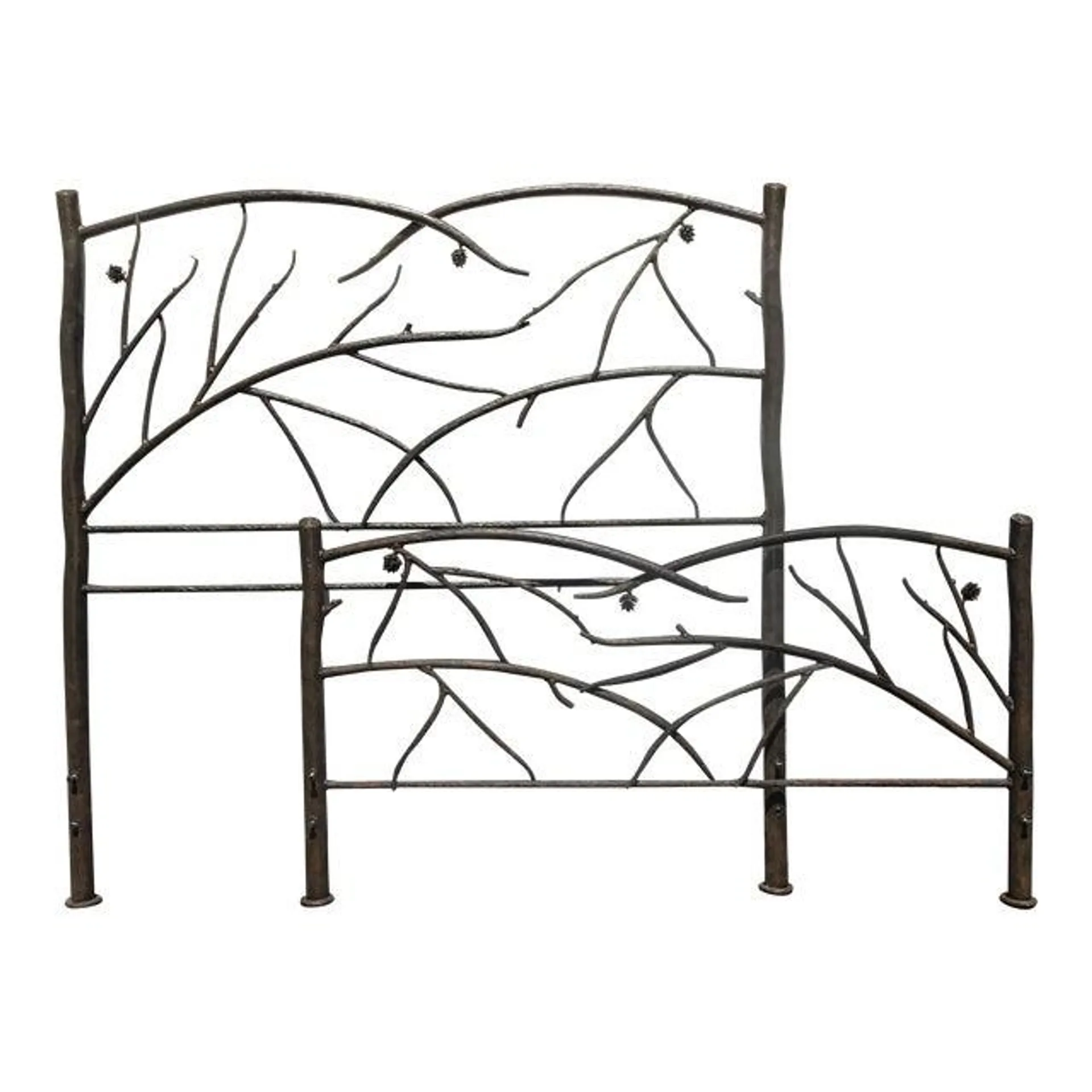 Vintage Evergreen Cones Black Iron Tree Branch Queen Bed Frame Headboard & Footboard