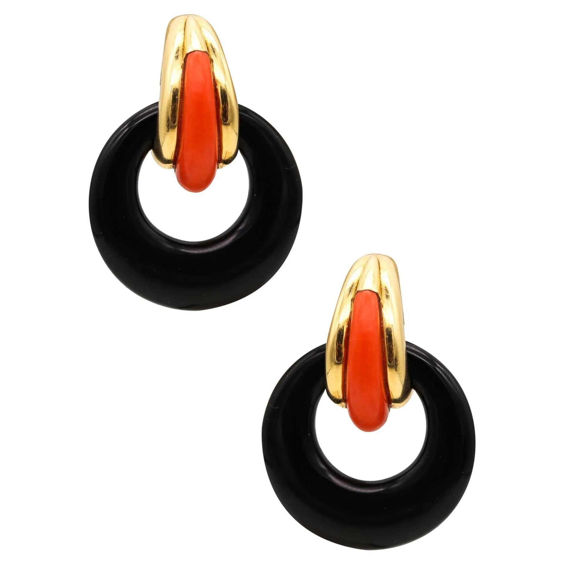 MODERNIST 1970 Convertible Clips Earrings In 18Kt Yellow Gold With Coral & Onyx