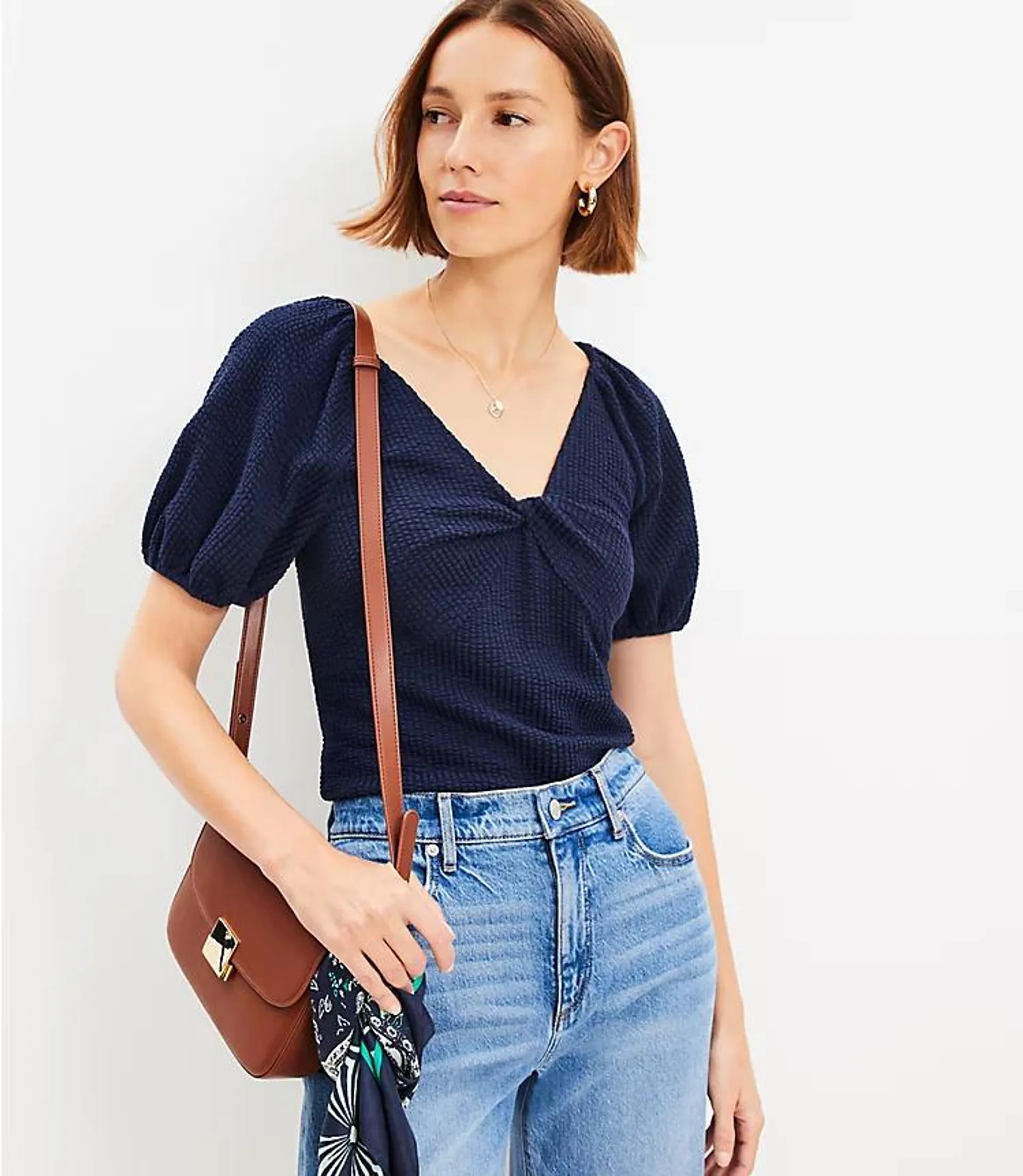 Seersucker Twist Puff Sleeve Top