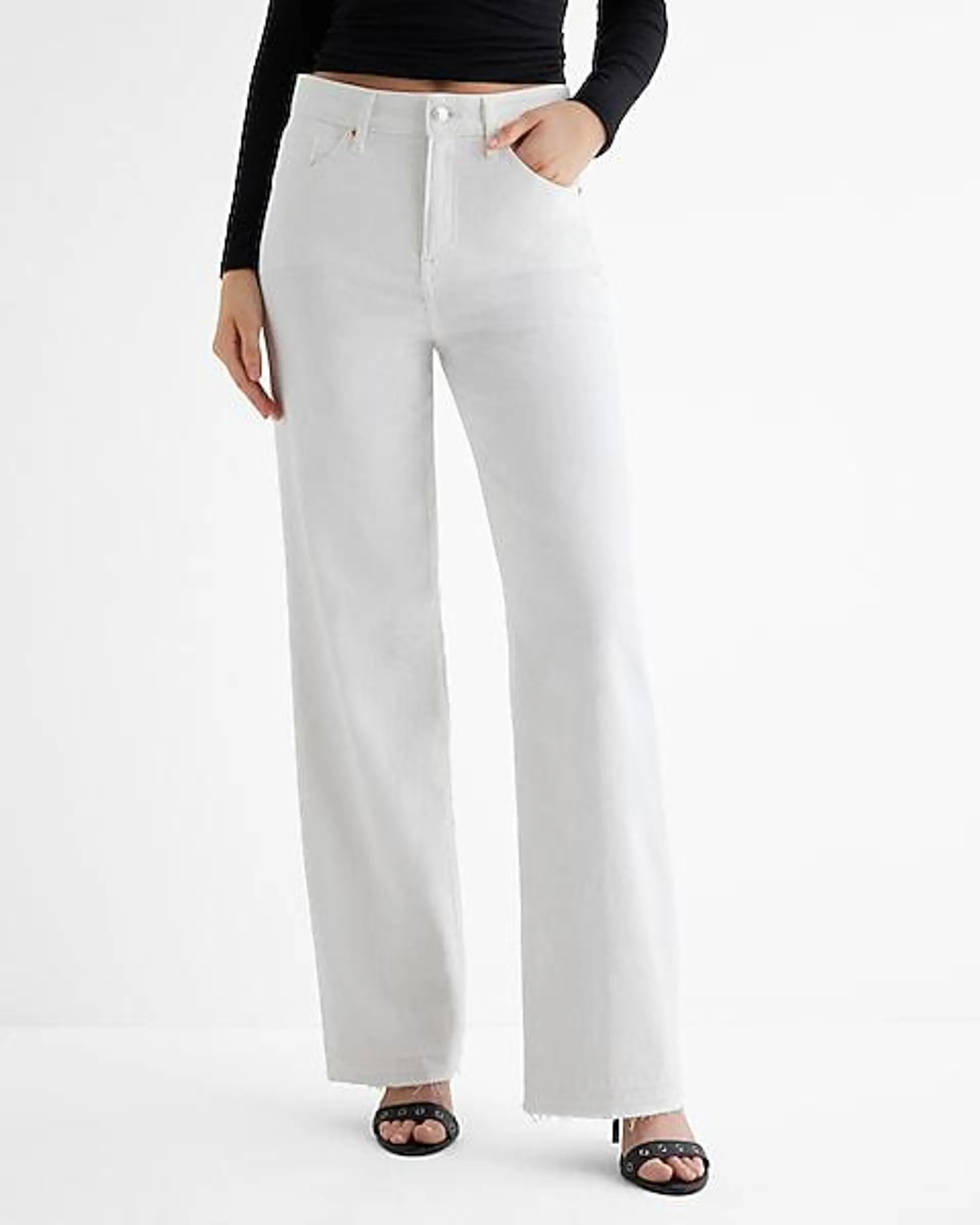 High Waisted White Raw Hem Wide Leg Jeans