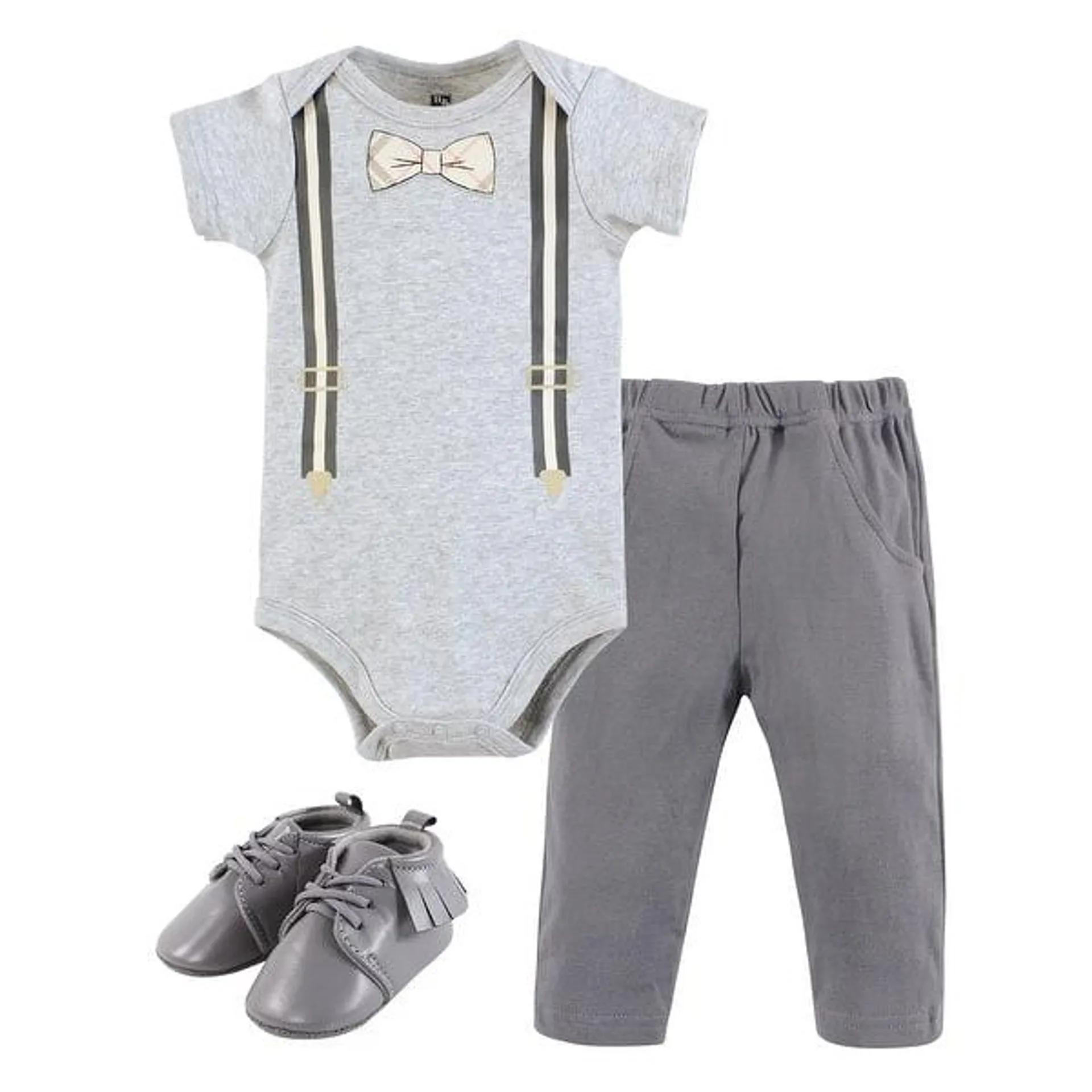 Hudson Baby Infant Boy Cotton Bodysuit, Pant and Shoe Set, Plaid Bow Tie
