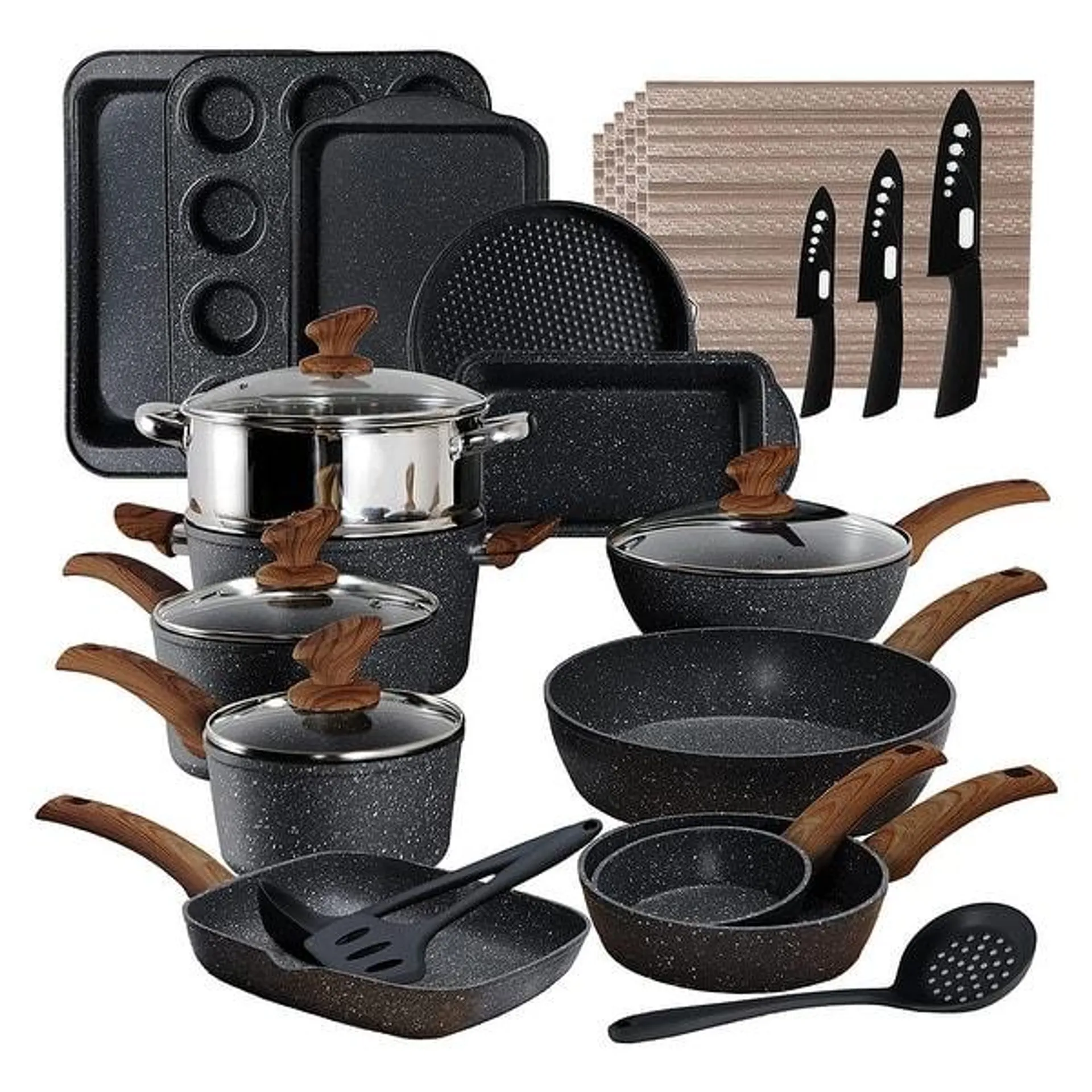 30-Piece Kitchen Granite Cookware and Bakeware Set, Cooking Pans Set Non-Stick Pots and Pans Set