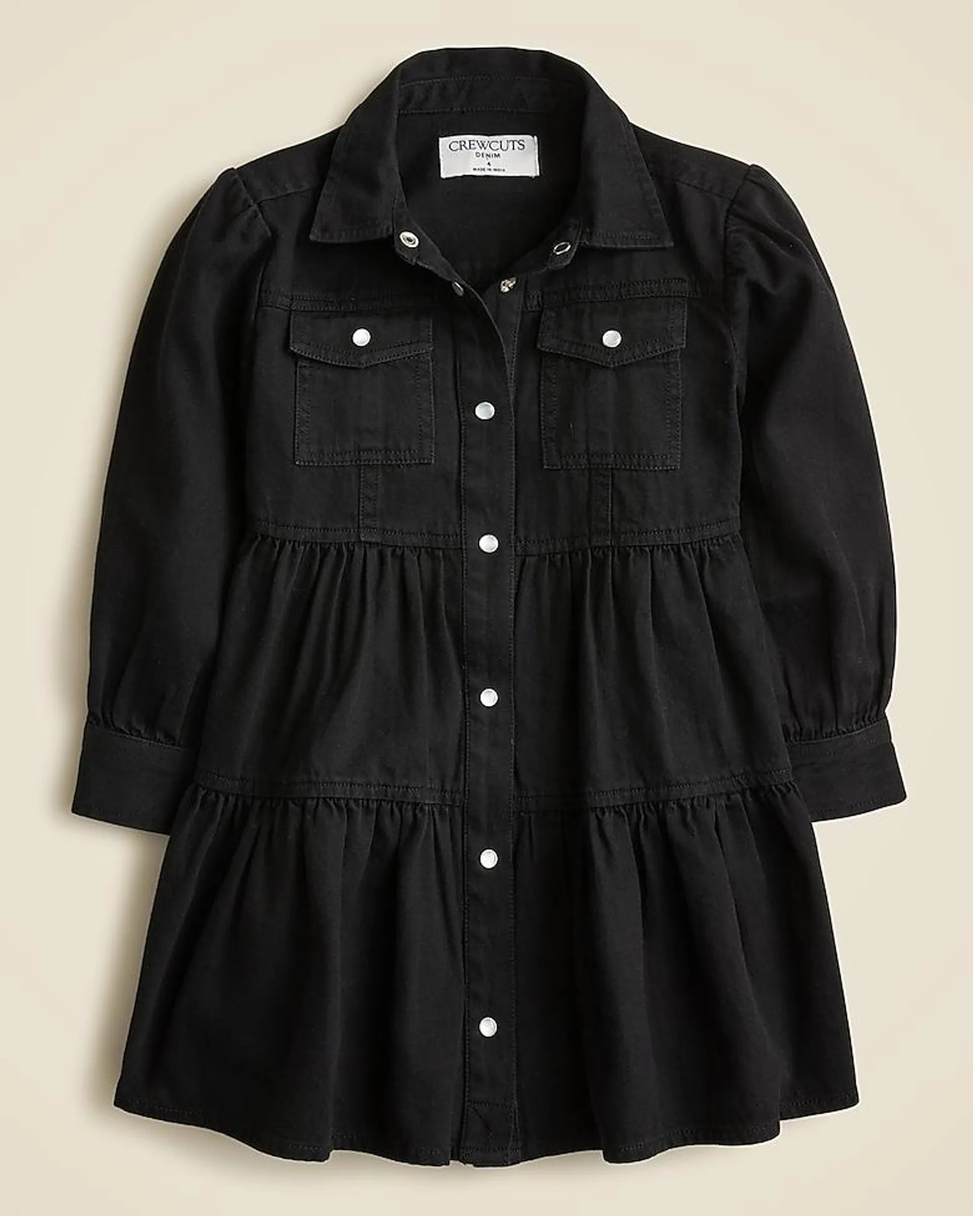 Girls' long-sleeve patch-pocket shirtdress in drapey denim