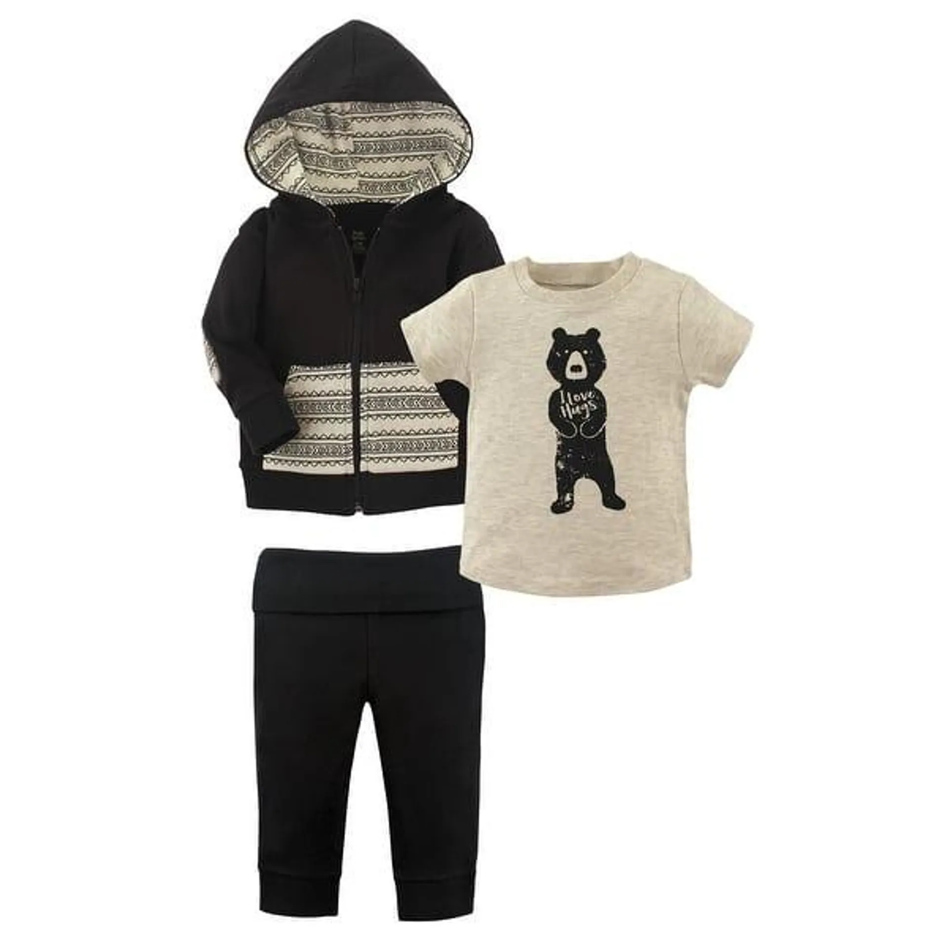Yoga Sprout Toddler Boy Cotton Hoodie, Tee Top, and Pant, Bear Hugs Toddler