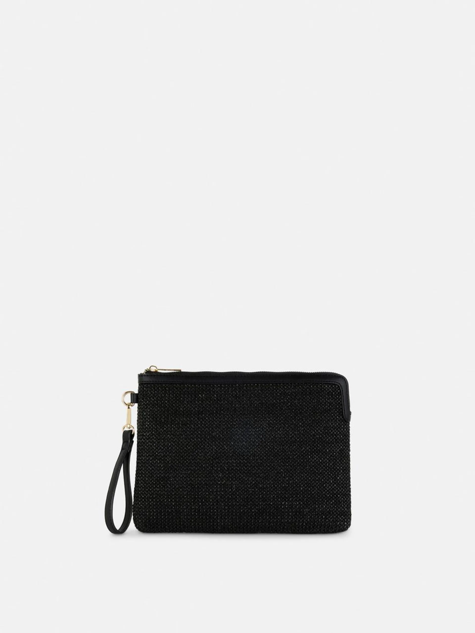 Straw and Faux Leather Pouch