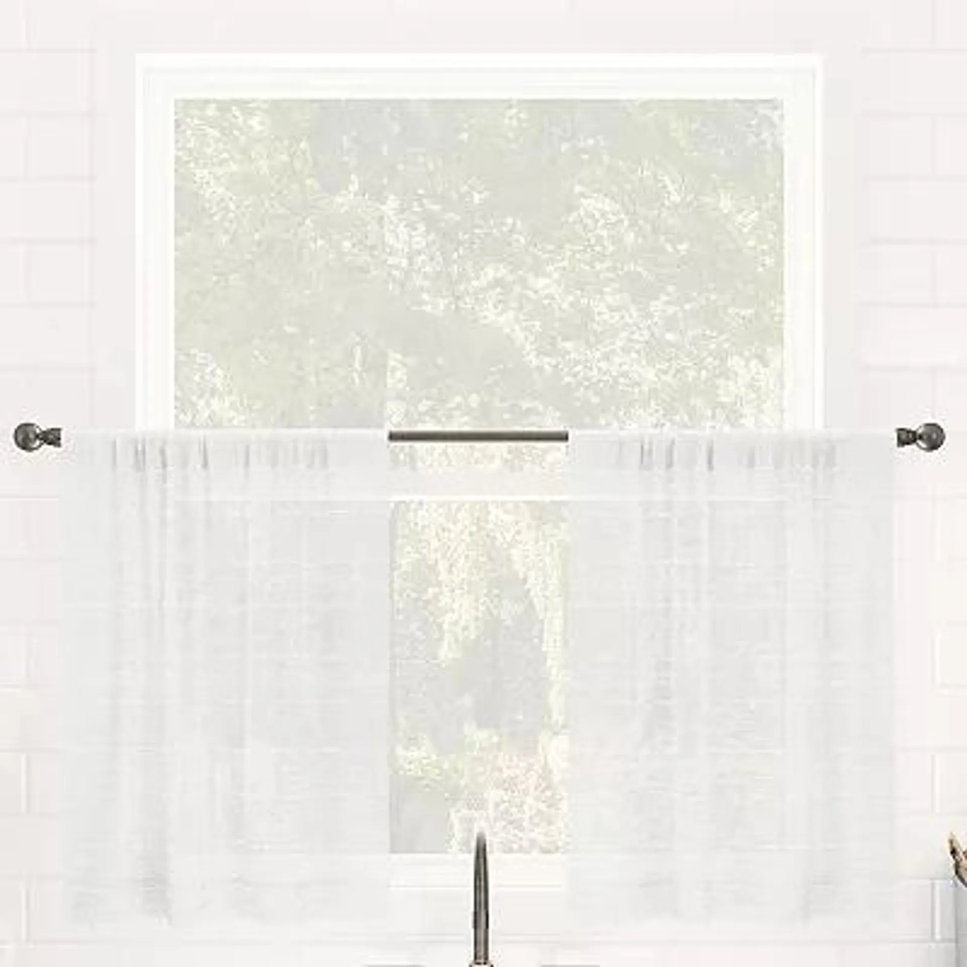 Clean Window Textured Slub Stripe Anti-Dust Linen Blend Sheer Cafe Curtain Pair