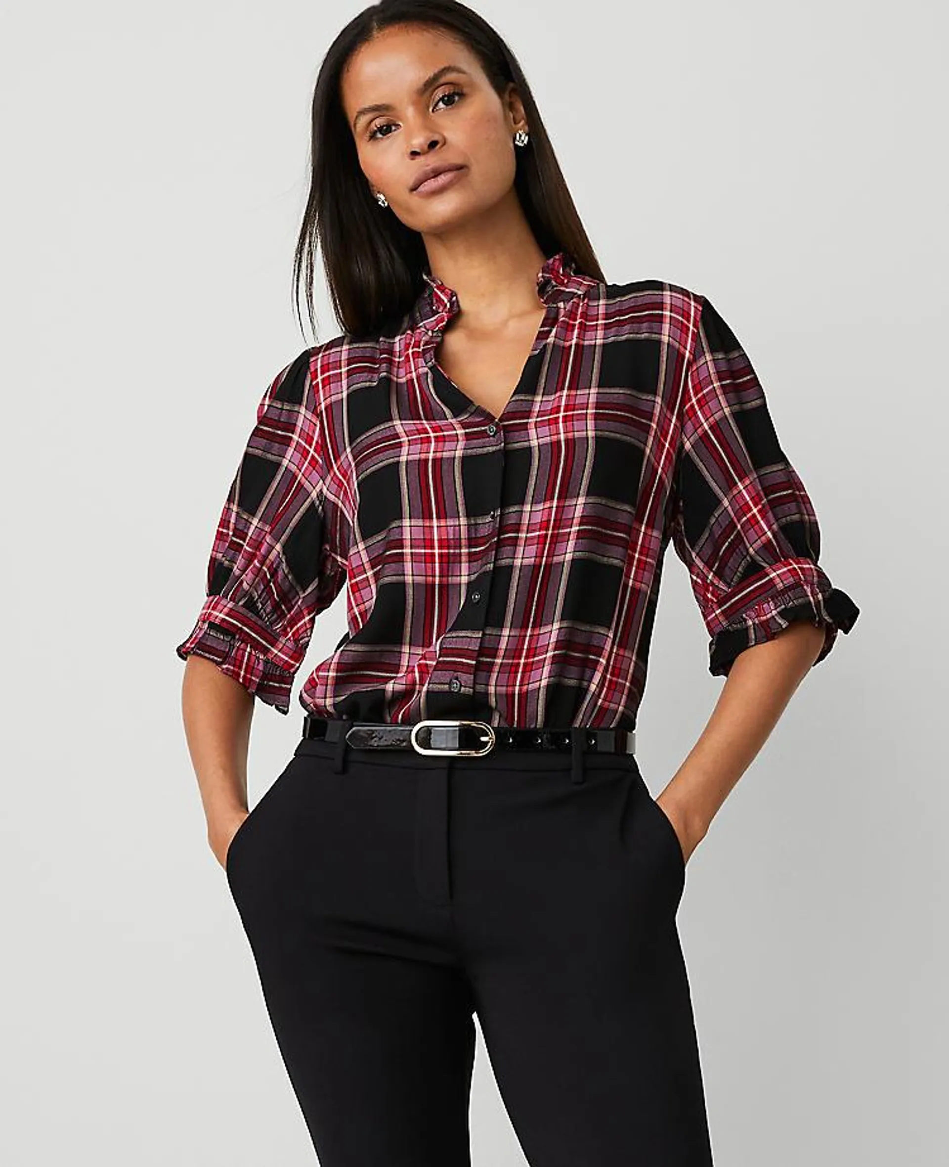 Plaid Ruffle Button Top