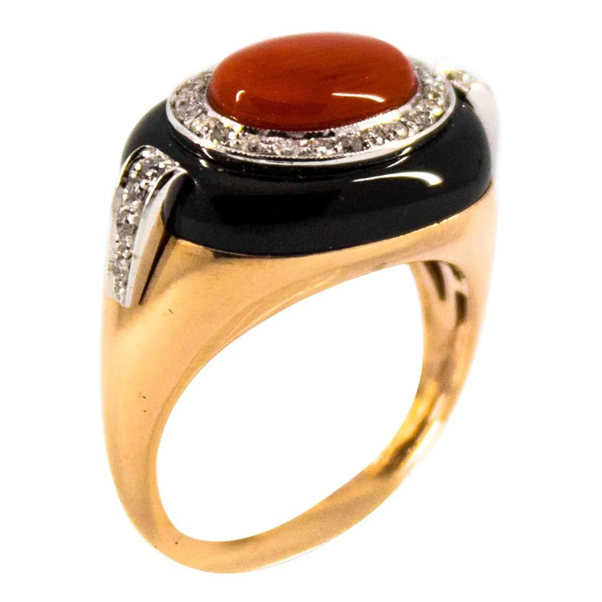 Art Deco Style Sardinia Red Coral White Diamond Onyx Yellow Gold Cocktail Ring