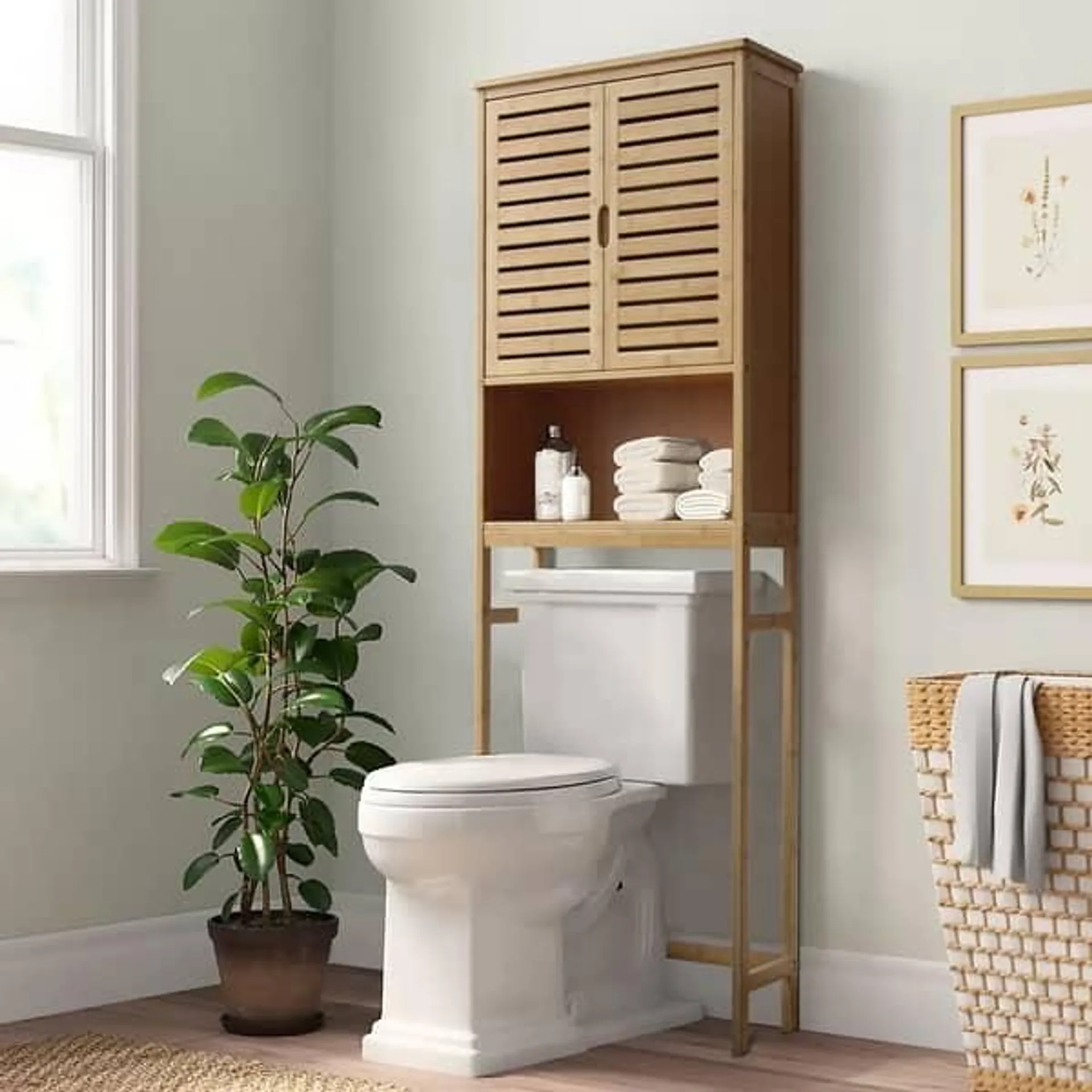 VEIKOUS Bamboo Over The Toilet Storage Cabinet Cupboard Bathroom Organizer with Adjustable Shelf and Double Doors