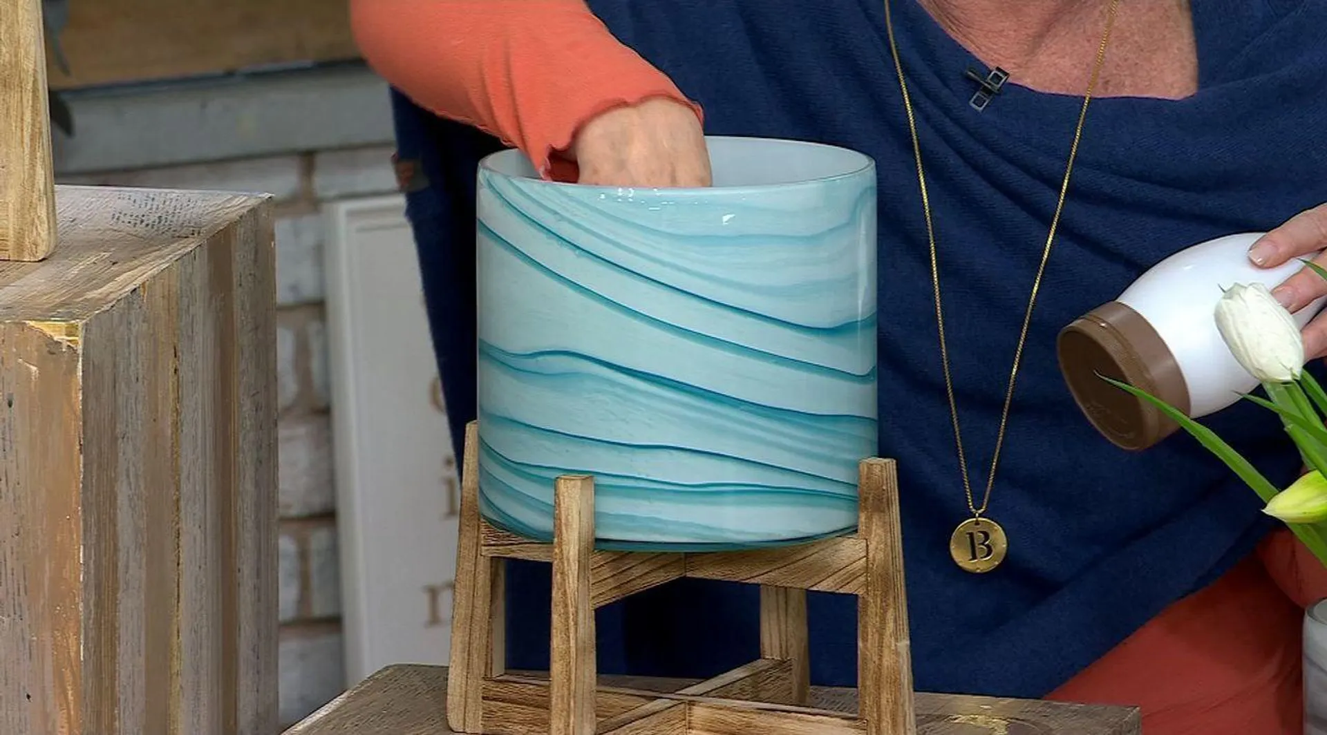 Barbara King Set of 3 Tiered Art Glass Planters with Wooden Base