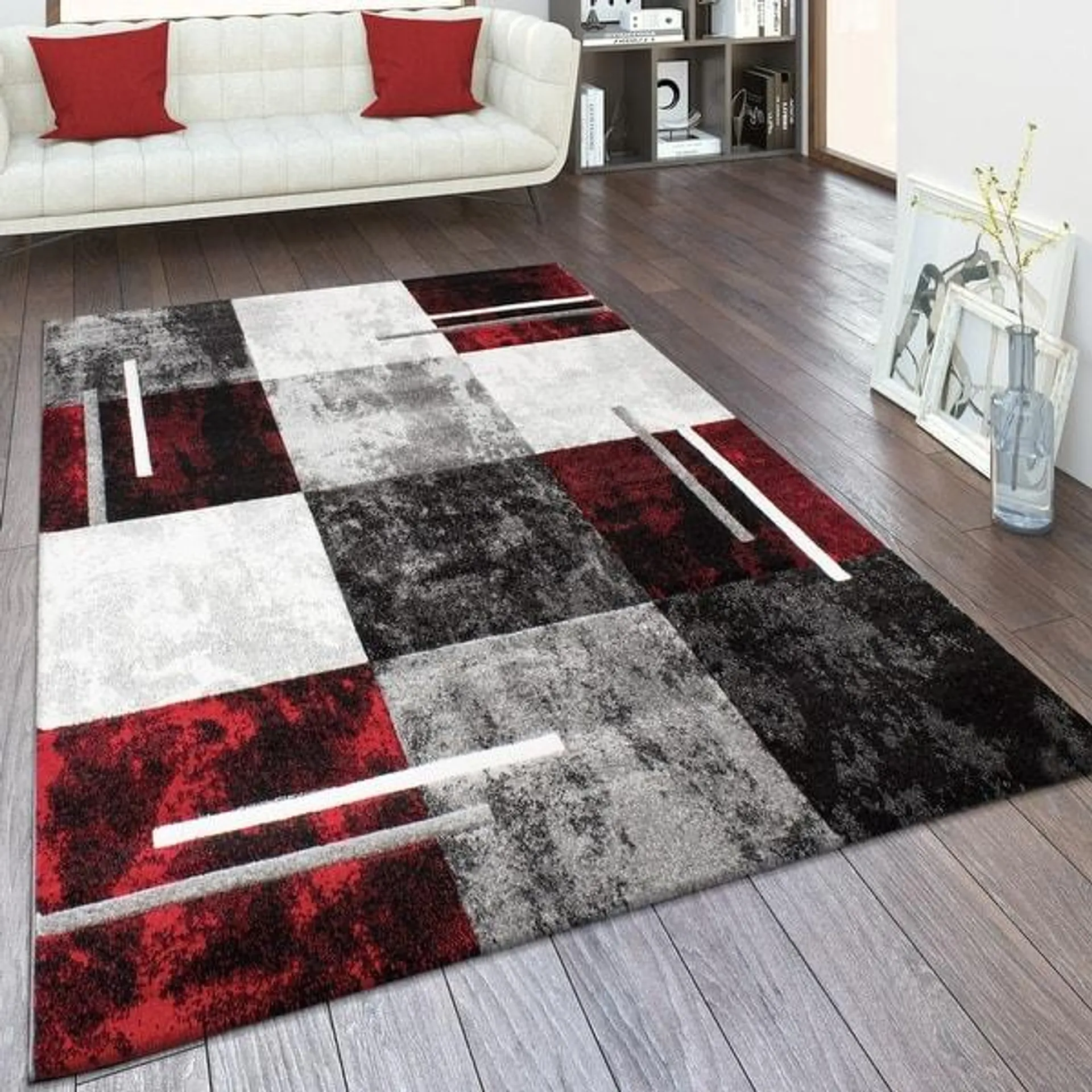 Modern Designer Area Rug Checkered with Contour Cut