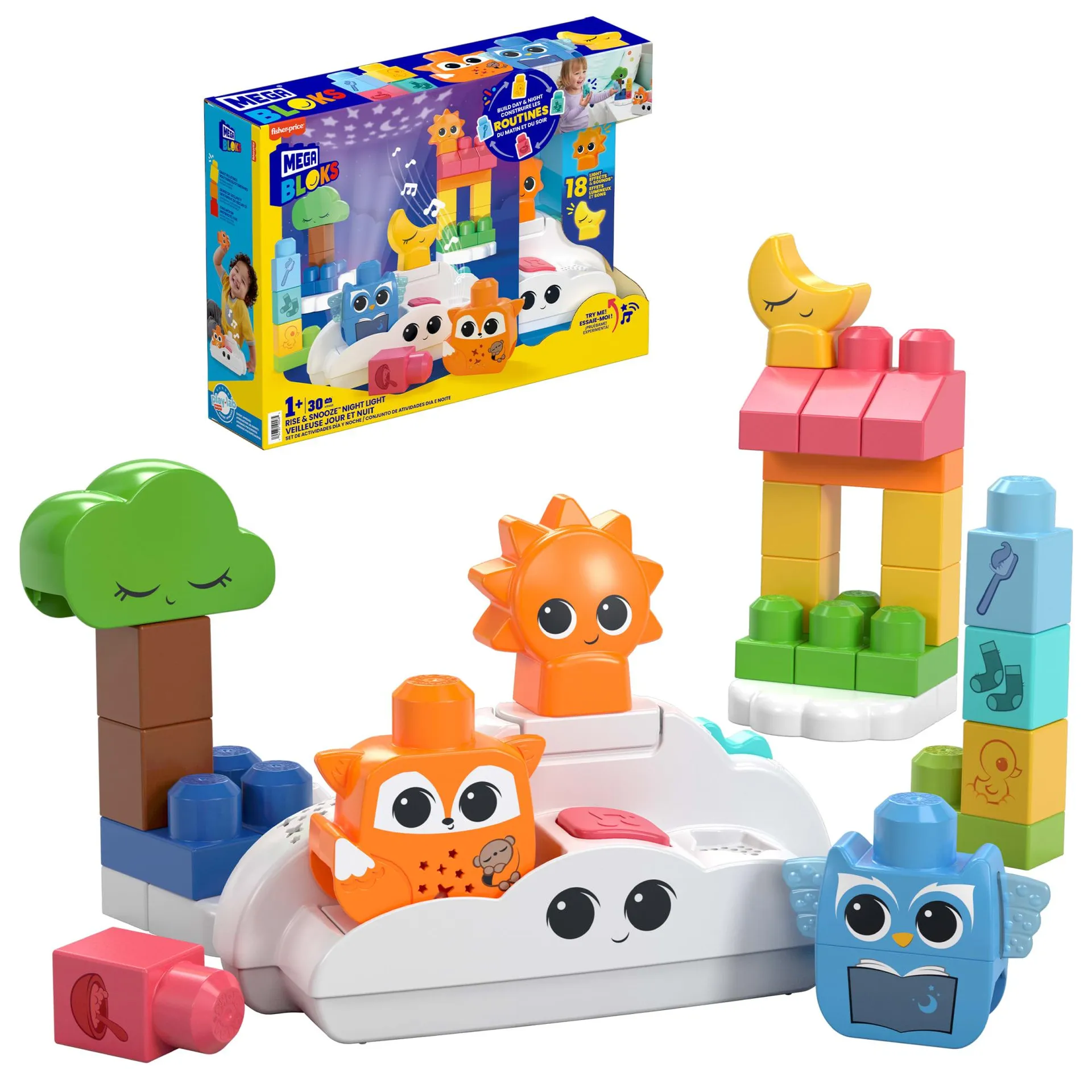 MEGA BLOKS Fisher- Price Rise & Snooze Night Light Sensory Block Toy (30 Pieces) For Toddler