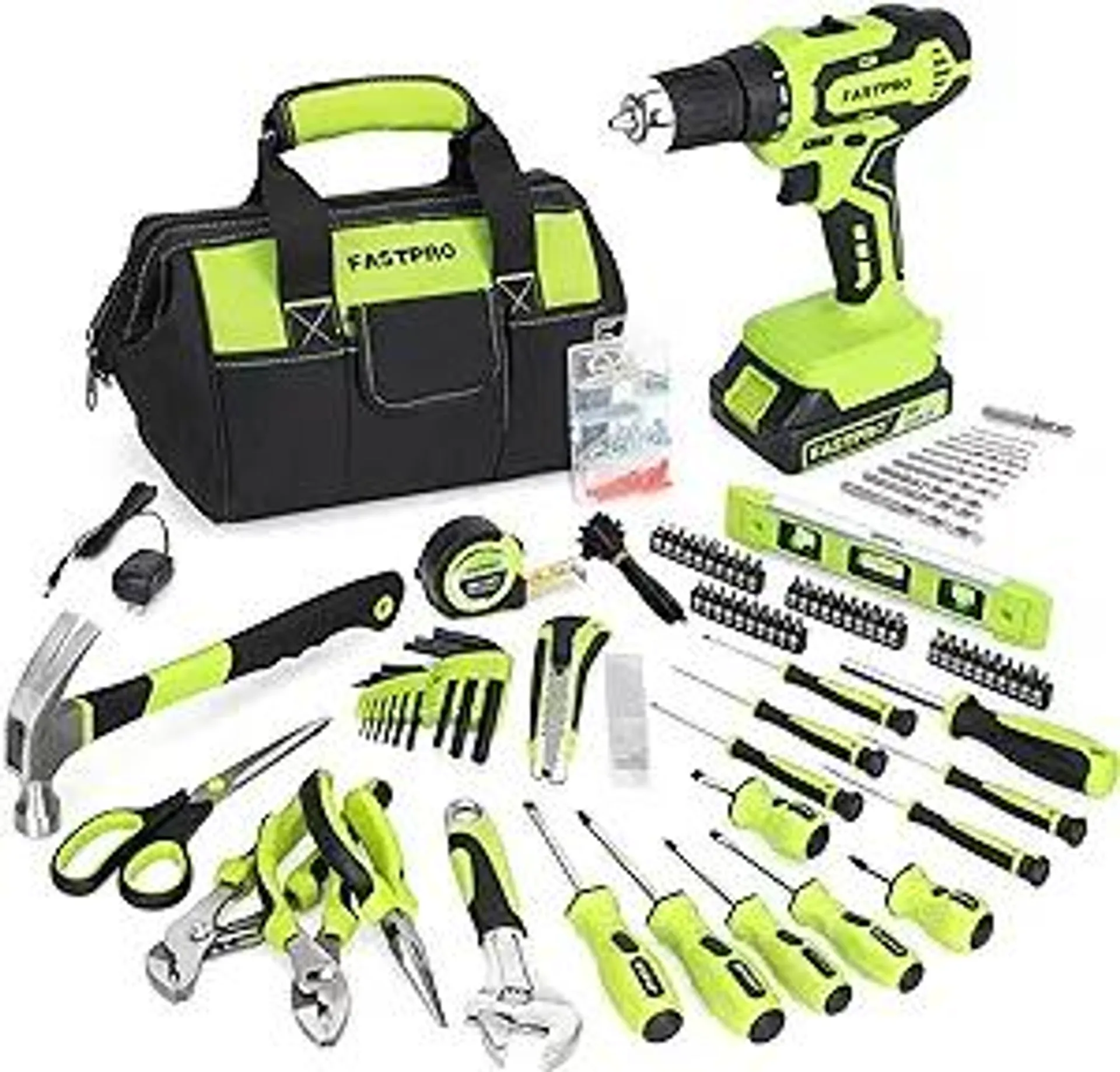 FASTPRO 232-Piece 20V Cordless Lithium-ion Drill Driver and Home Tool Set, Household Repairing Tool Kit with Drill, 12-Inch Wide Mouth Open Storage Tool Bag, Green