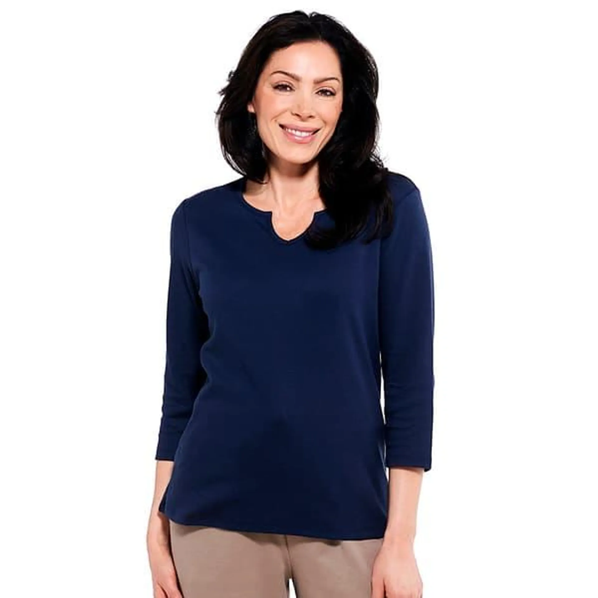 Womens Hasting & Smith 3/4 Sleeve Solid Split Neck Top