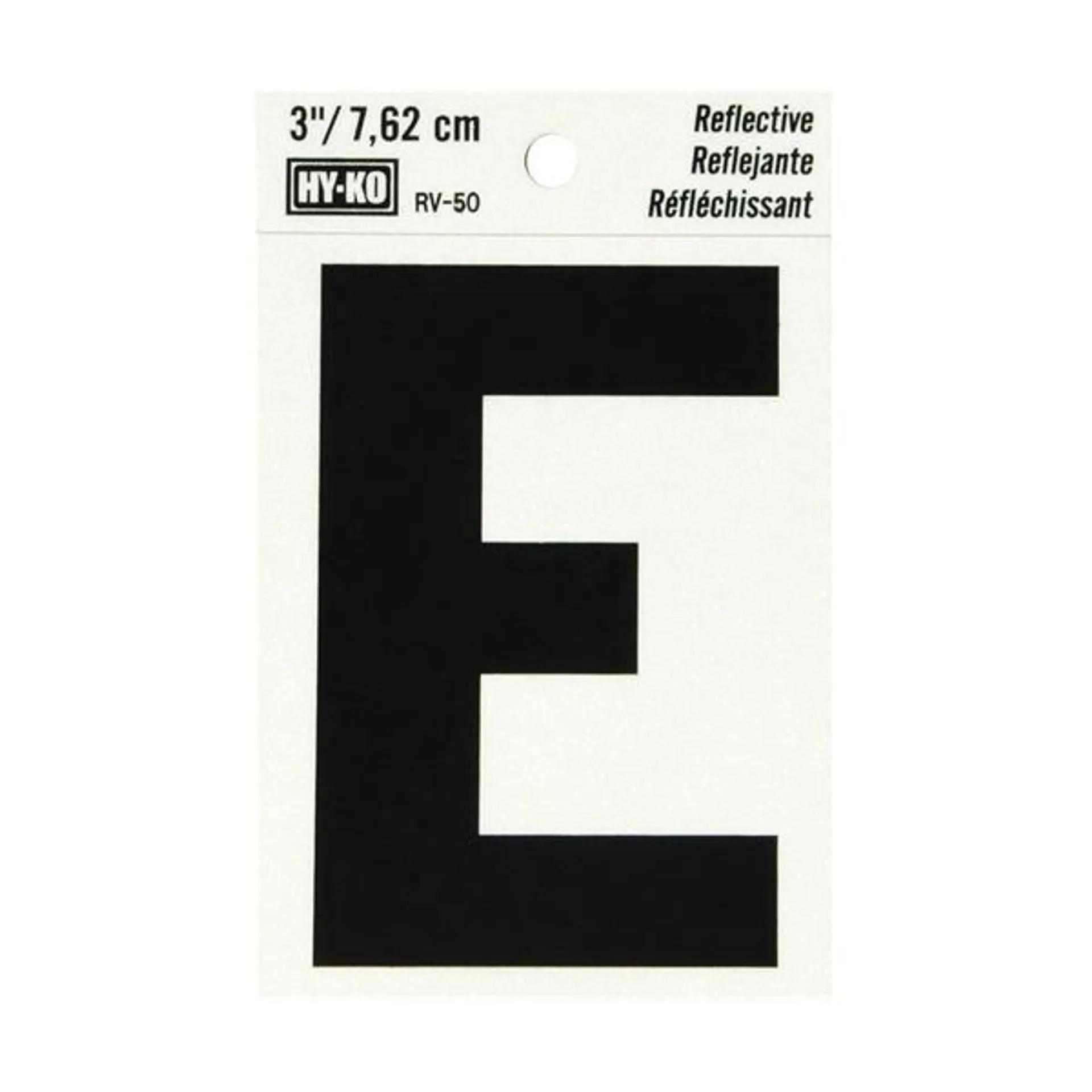 RV-50/E Reflective Letter, Character: E, 3 in H Character, Black Character, Silver Background, Vinyl