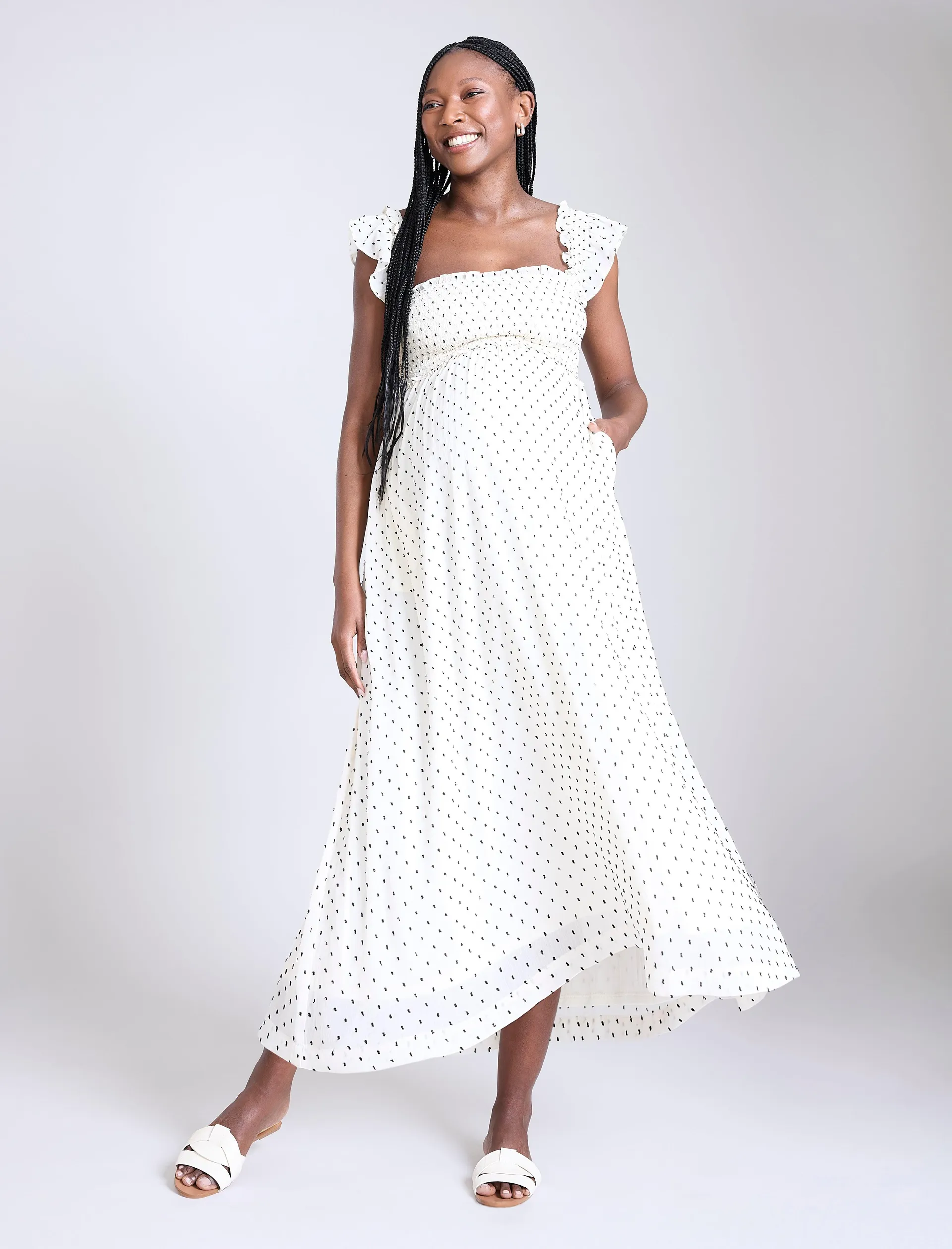 Sleeveless Ruffle Shoulder Smocked Dress