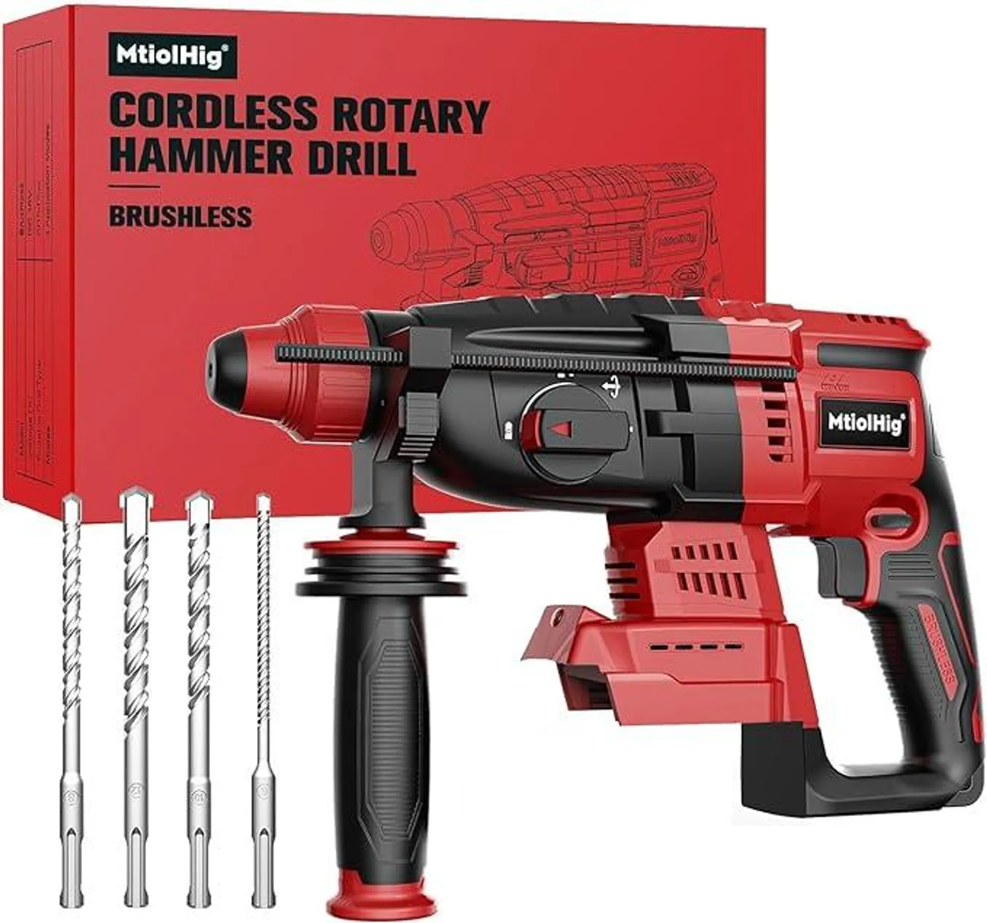 Rotary Hammer Drill For Milwaukee 18V: 1" SDS Plus Brushless Rotary Hammer - Safety Clutch 4 Application Modes Fastest Drilling For Concrete Tile Wood Wall Including 4 Drill Bits(Battery not included)