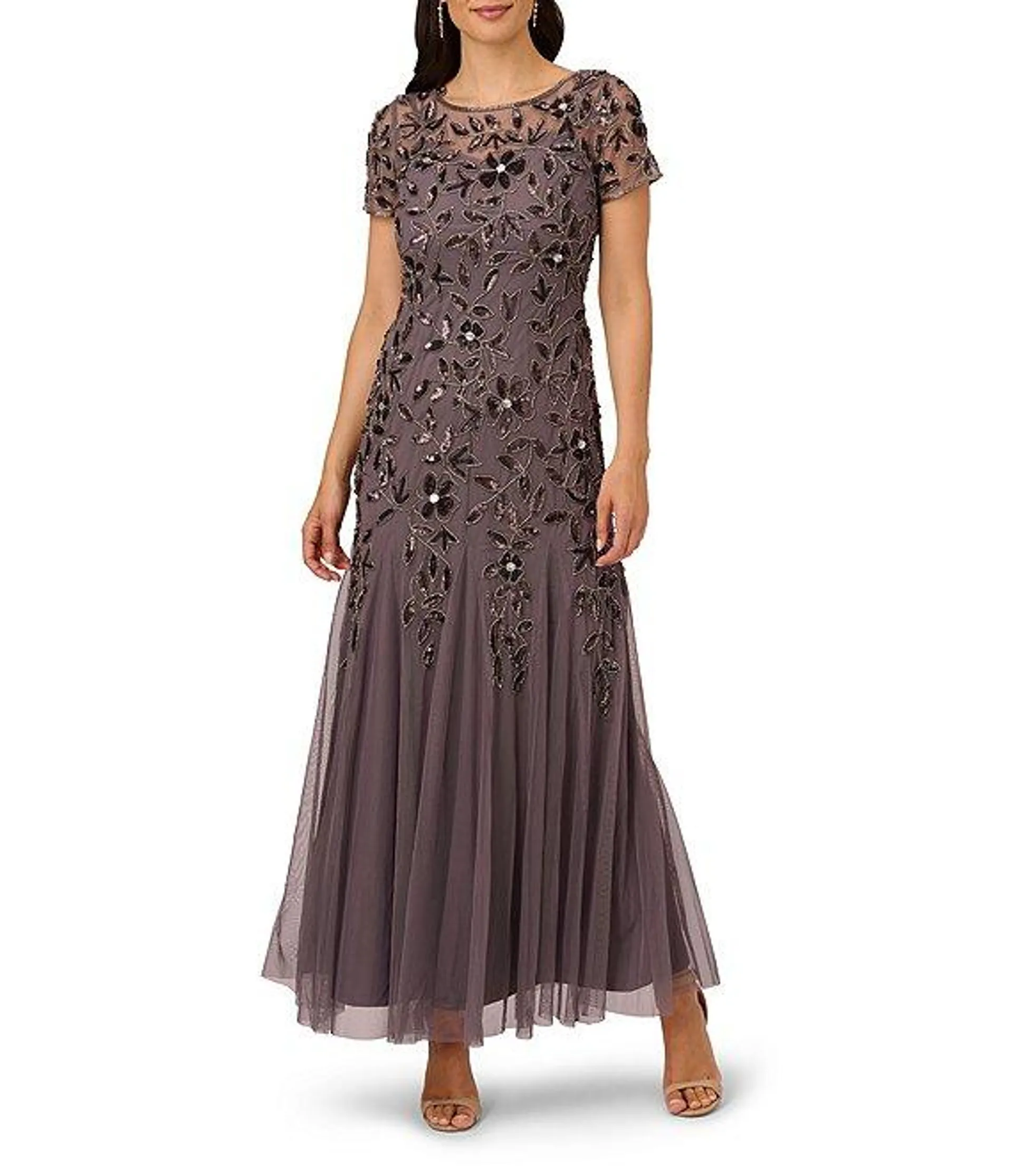 Round Neck Short Sleeve Floral Beaded Mesh Godet Fit and Flare Gown