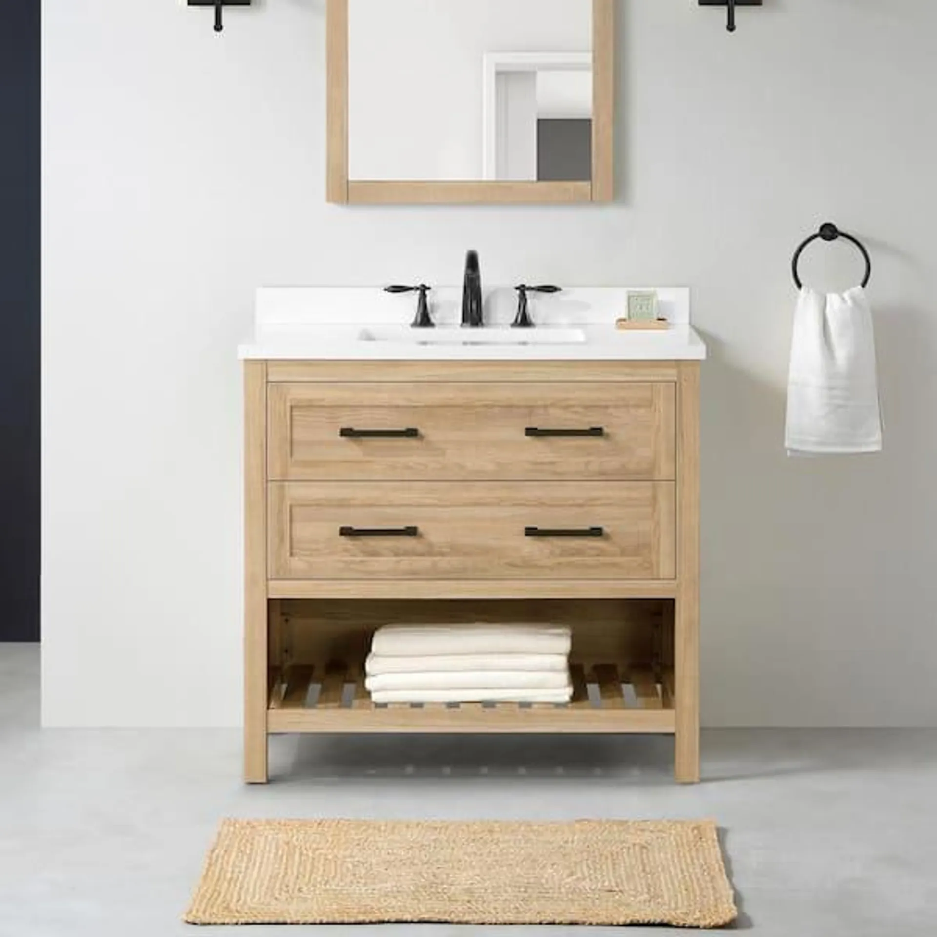 Autumn 36 in. Single Sink Weathered Tan Bath Vanity with White Engineered Stone Top (Assembled)