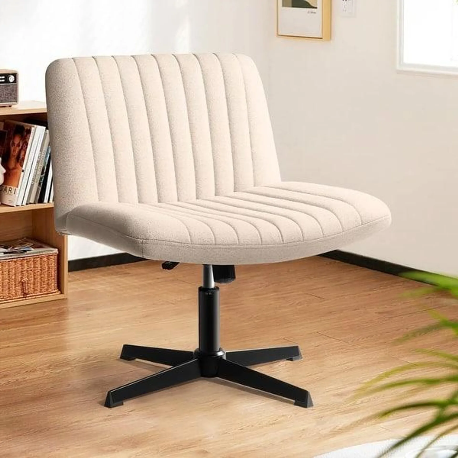 BOSSIN Armless Office Desk Chair No Wheels,Fabric Padded Modern Swivel Vanity Chair