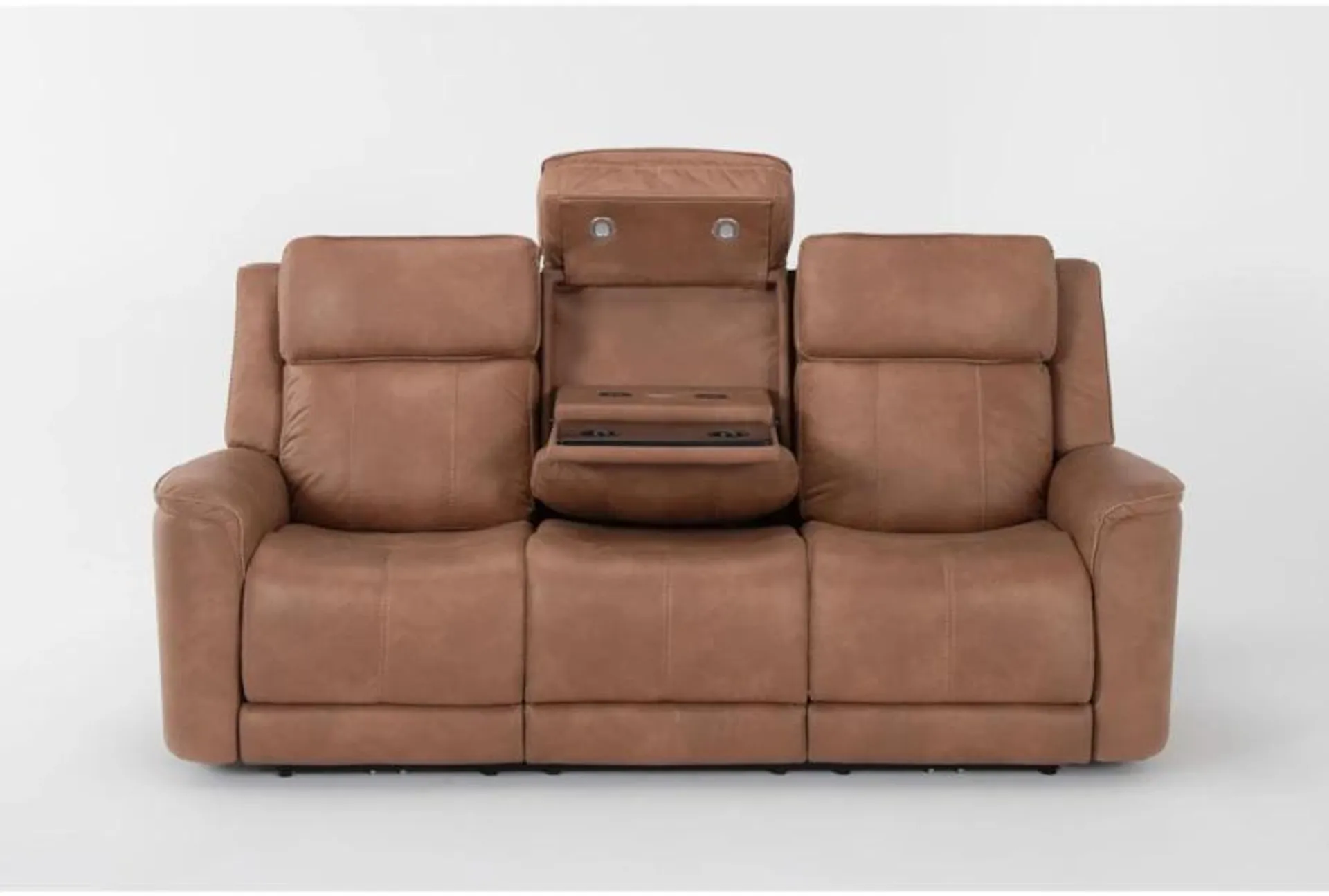 Zachary Saddle Brown 88" Power Zero Gravity Reclining Sofa with Power Headrest, Drop Down Tray, Cupholders, LED Lights, Wireless Charging & USB