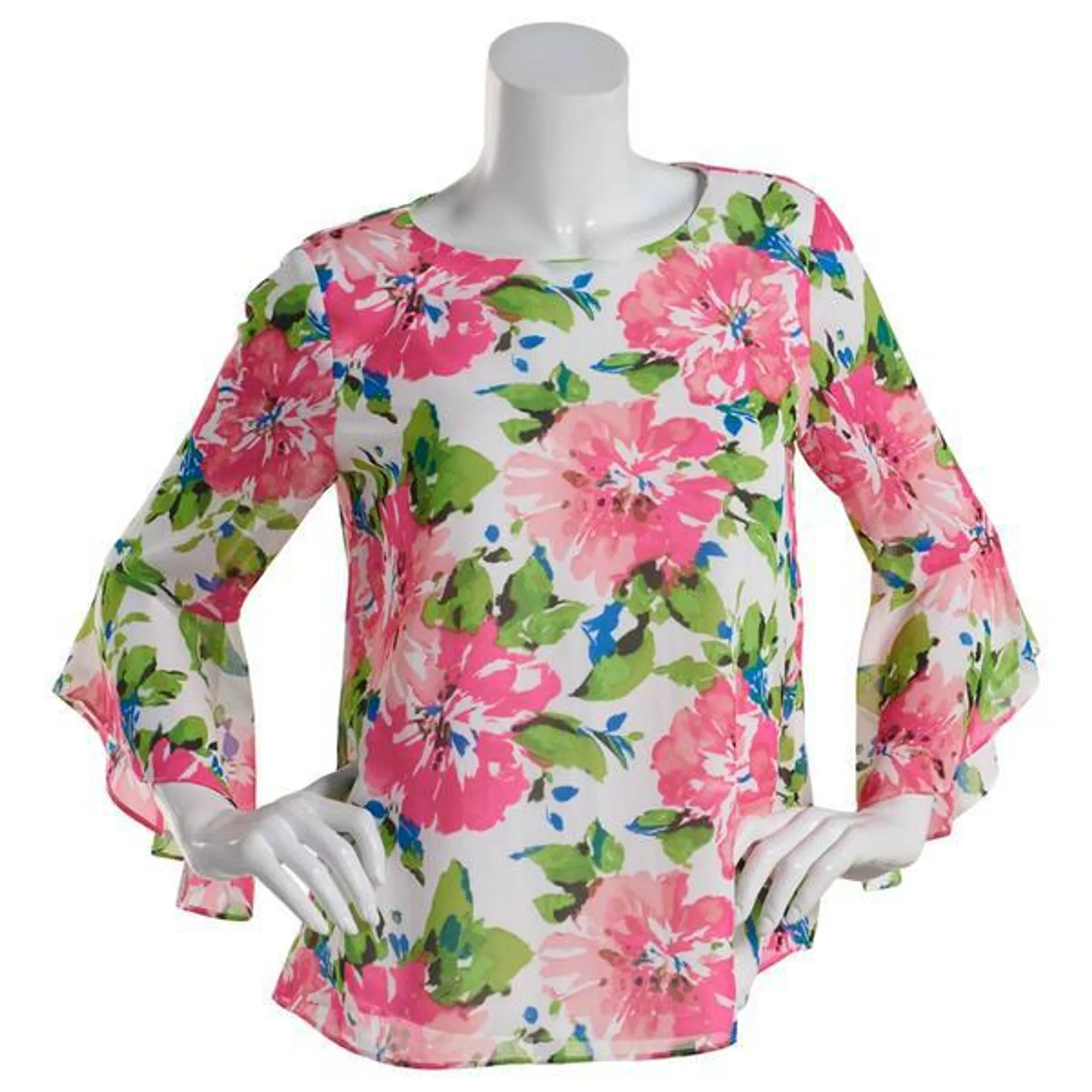 Womens Kasper 3/4 Ruffle Sleeve Floral Keyhole Blouse